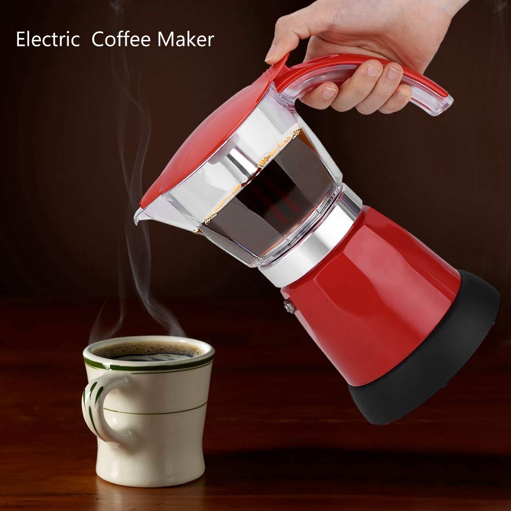 Premium Aluminum Alloy Electric Coffee Maker - 3-Cup Moka Pot for Espresso & Cappuccino | Fast Brewing for Home, Office & Camping Use (Red)