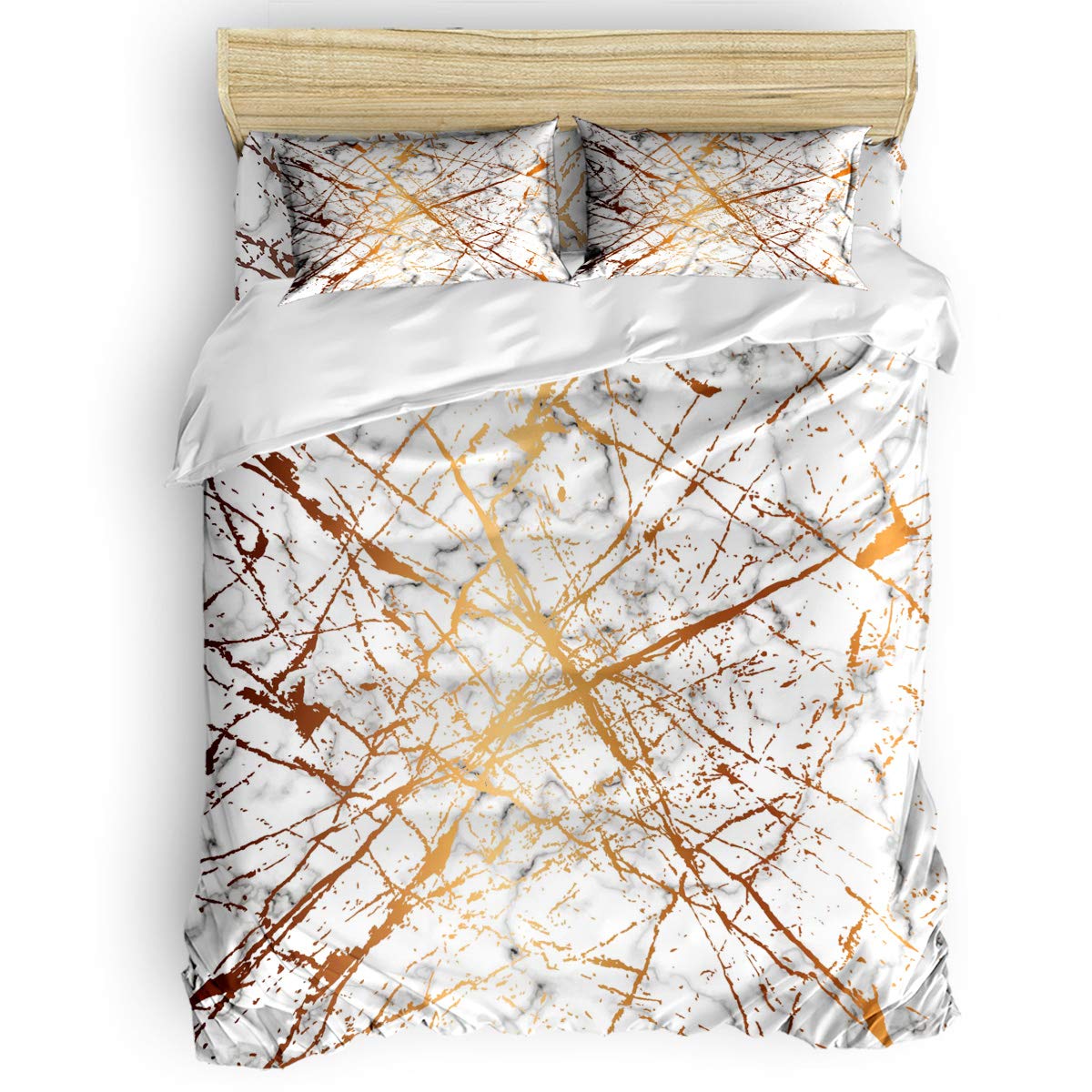 YOKOU Queen Size Duvet Cover Set - 4 Pcs Marble Texture Golden Crack White Granite Bedding Set with Zipper Closure & Corner Ties | Includes Comforter Cover, Sheet & 2 Pillow Shams | Perfect for Modern Bedroom, Guest Room & Luxury Hotel Decor