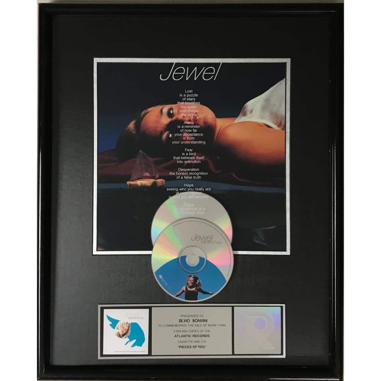 Jewel Pieces Of You RIAA 2x Multi Platinum Album Award - Official Music Collectible for Display & Memorabilia - Perfect for Fans, Music Lovers & Home Decor