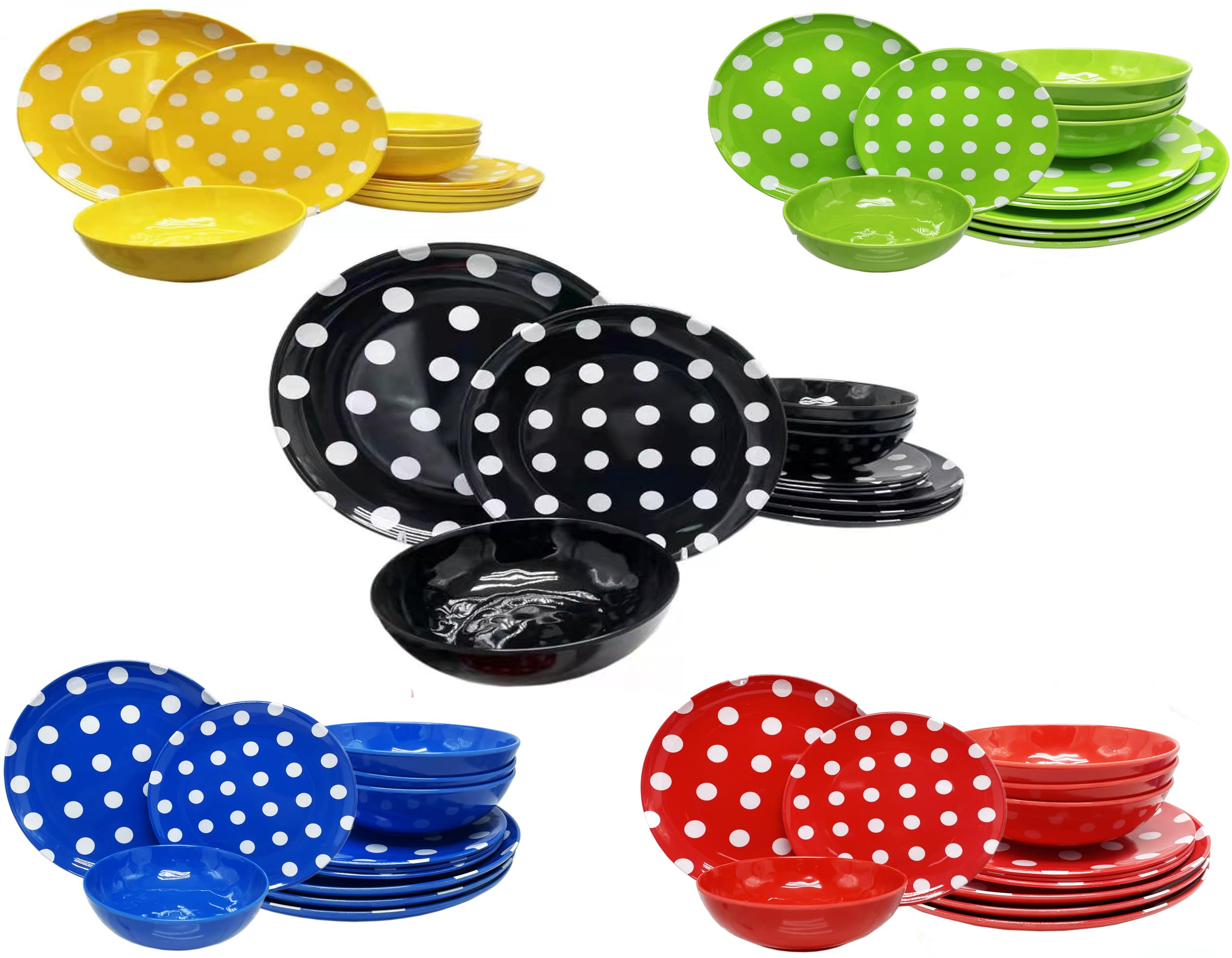 12-Piece 11-Inch Melamine Dinner Set - Black Polka Dot Design: 4 Bowls, 4 Dinner Plates, 4 Salad Plates | Durable & Lightweight for Outdoor Picnics, Camping, Pool Parties & Everyday Use