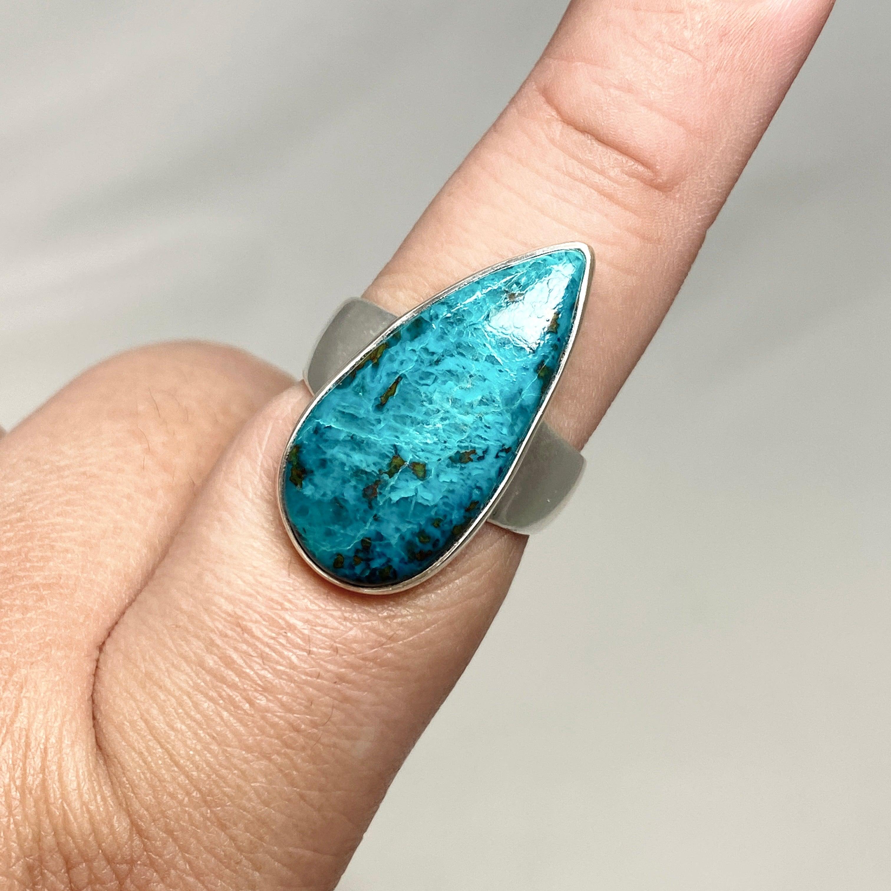 Chrysocolla and Shattuckite Teardrop Ring - Size 10 Sterling Silver Jewelry KRGJ3223 | Healing Crystal Ring for Meditation, Spiritual Gifts & Boho Fashion