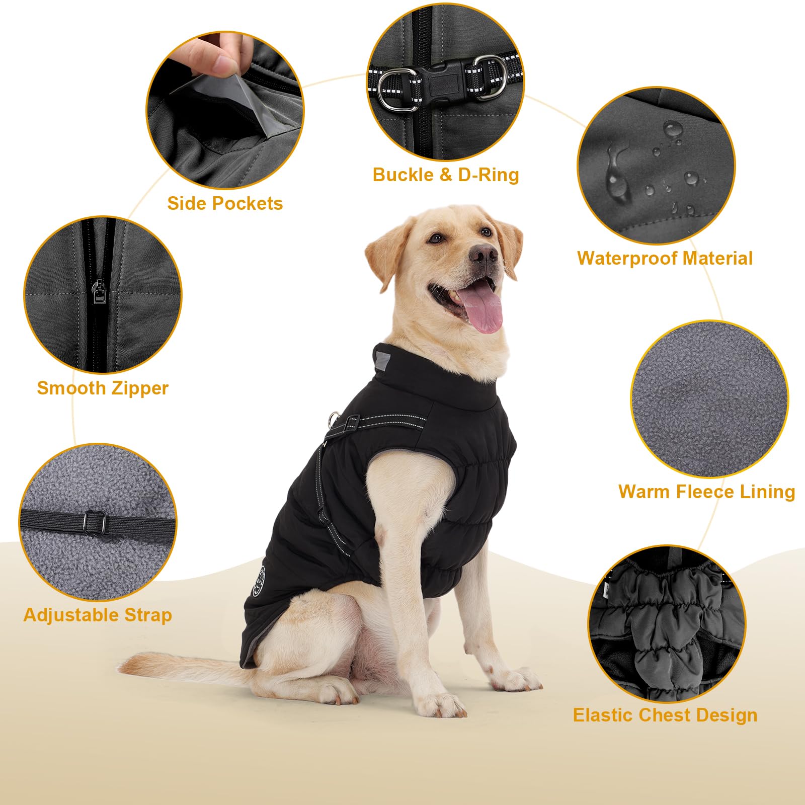 Warm Dog Jacket with Built-in Harness - Fleece Winter Coat for Small Medium Large Dogs | Waterproof Reflective Dog Vest for Cold Weather | Perfect for Outdoor Walks, Hiking & Nighttime Safety (Black, Size M)