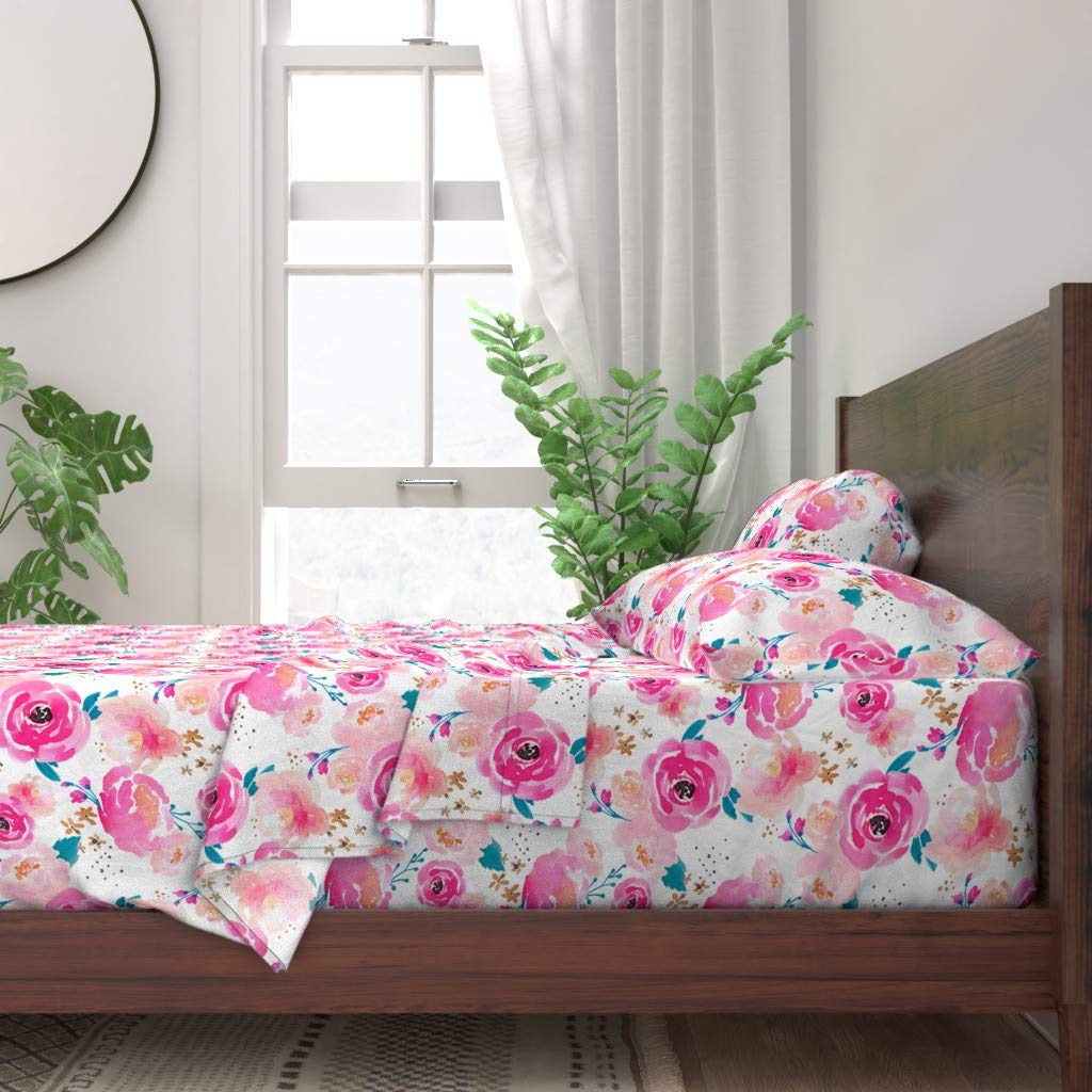 100% Cotton King Size 4-Piece Sheet Set | Blooming Florals Watercolor Floral Print | Soft Shabby Chic Nursery Bedding for Girls | Perfect for Baby Girl Rooms & Boho Chic Home Decor