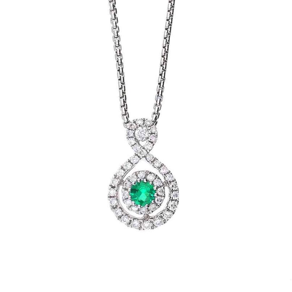 18ct White Gold Round Cut Emerald and Diamond Halo Necklace – Elegant Jewelry for Weddings, Anniversaries & Special Occasions