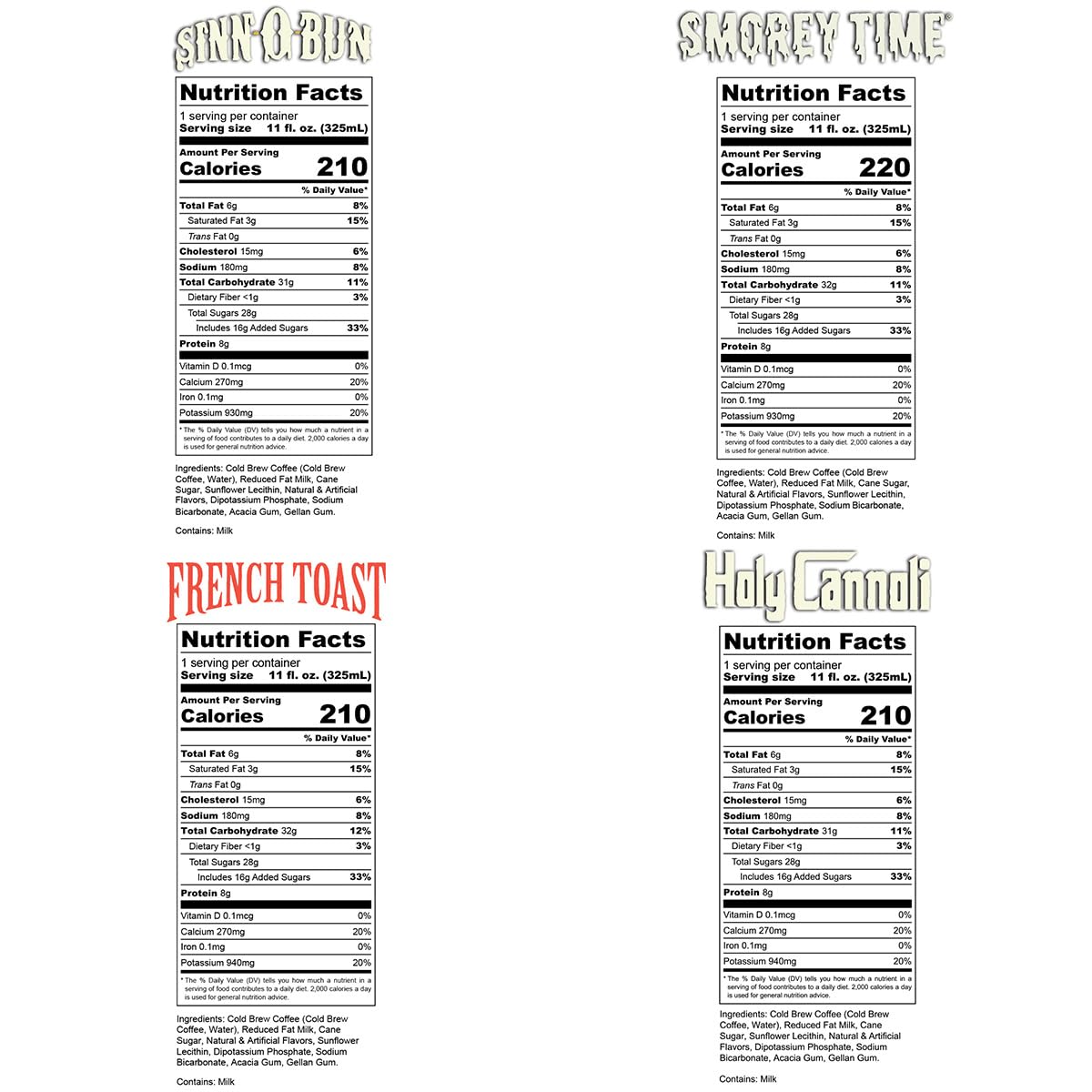Bones Coffee Company Variety Pack - S'morey Time, Sinn 'O' Bun, Holy Cannoli & French Toast Flavored Latte (12 Pack, 11 Fl Oz Cans) | Delicious Canned Coffee Drinks for Office, Travel & On-the-Go