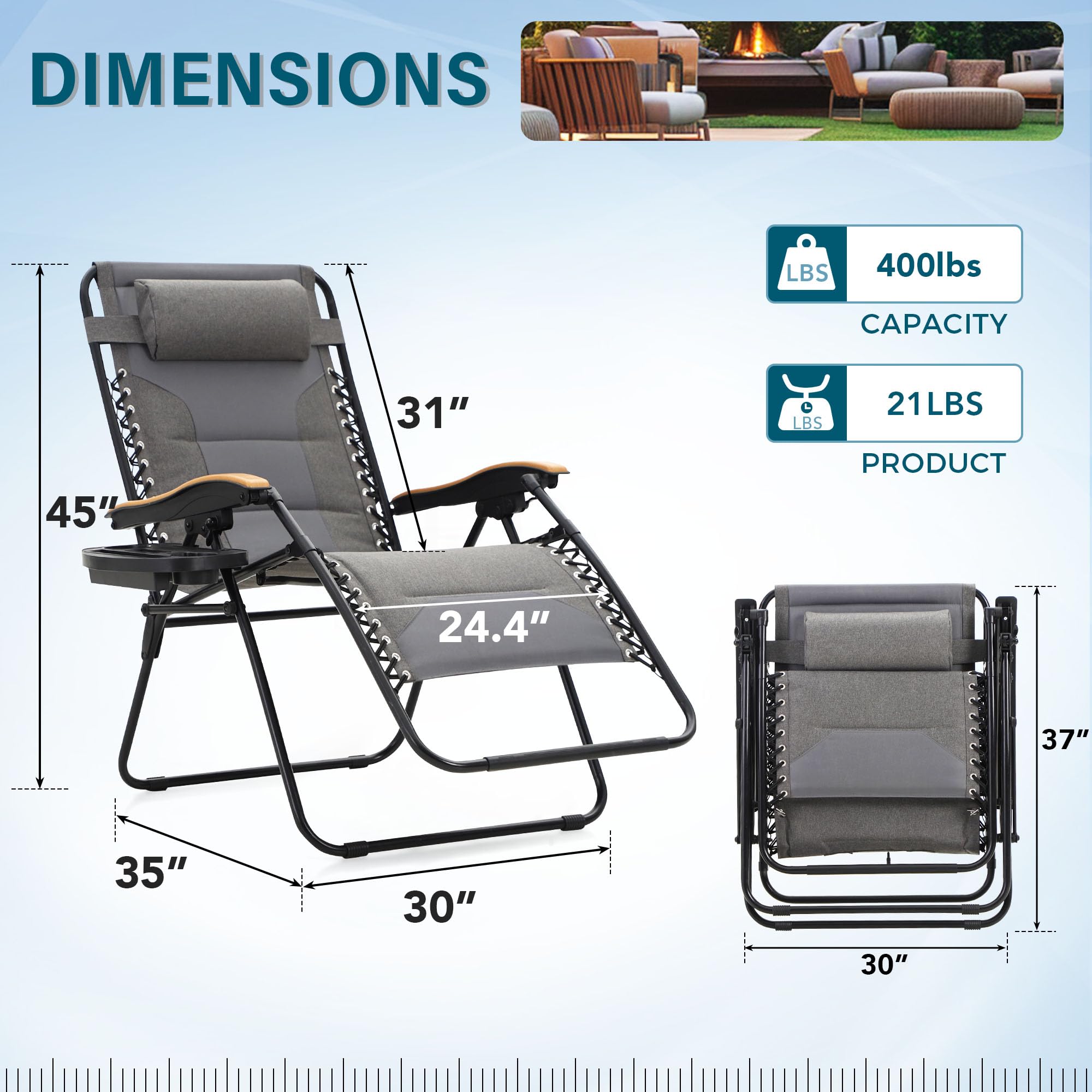 MFSTUDIO Zero Gravity Chairs Set of 2 - XL Oversized Outdoor Patio Lounge Chairs with Adjustable Reclining, Padded Headrest & Cup Holder - Supports 400lbs - Light Grey - Perfect for Backyard, Poolside, Camping & Beach Relaxation