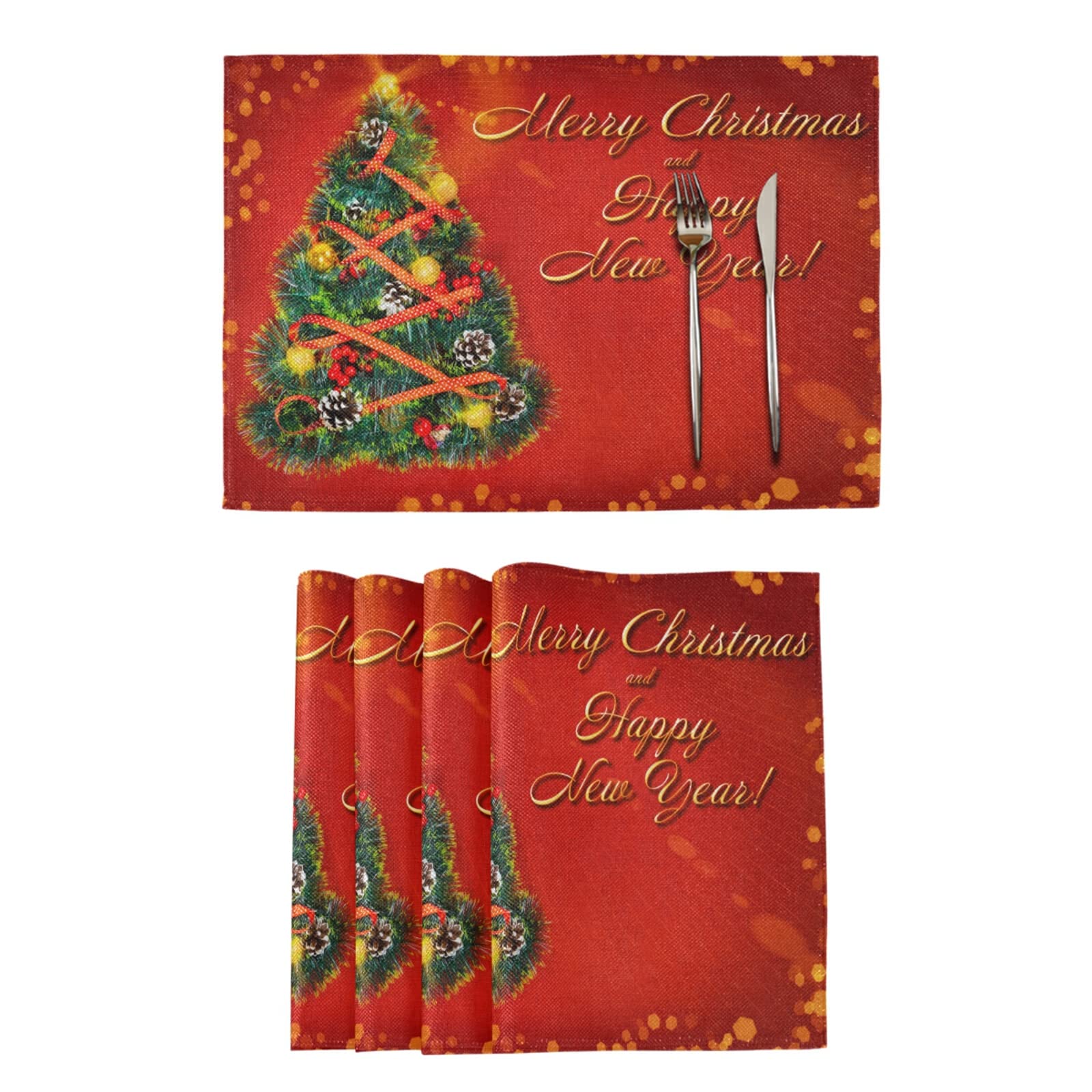 Kcldeci 4-Pack Heat Resistant Placemats for Dining Table - Waterproof, Wipeable & Washable Christmas Tree Design Table Mats | Non-Slip, Easy to Clean Holiday Decor for Christmas Dinner, Party & Home Decor