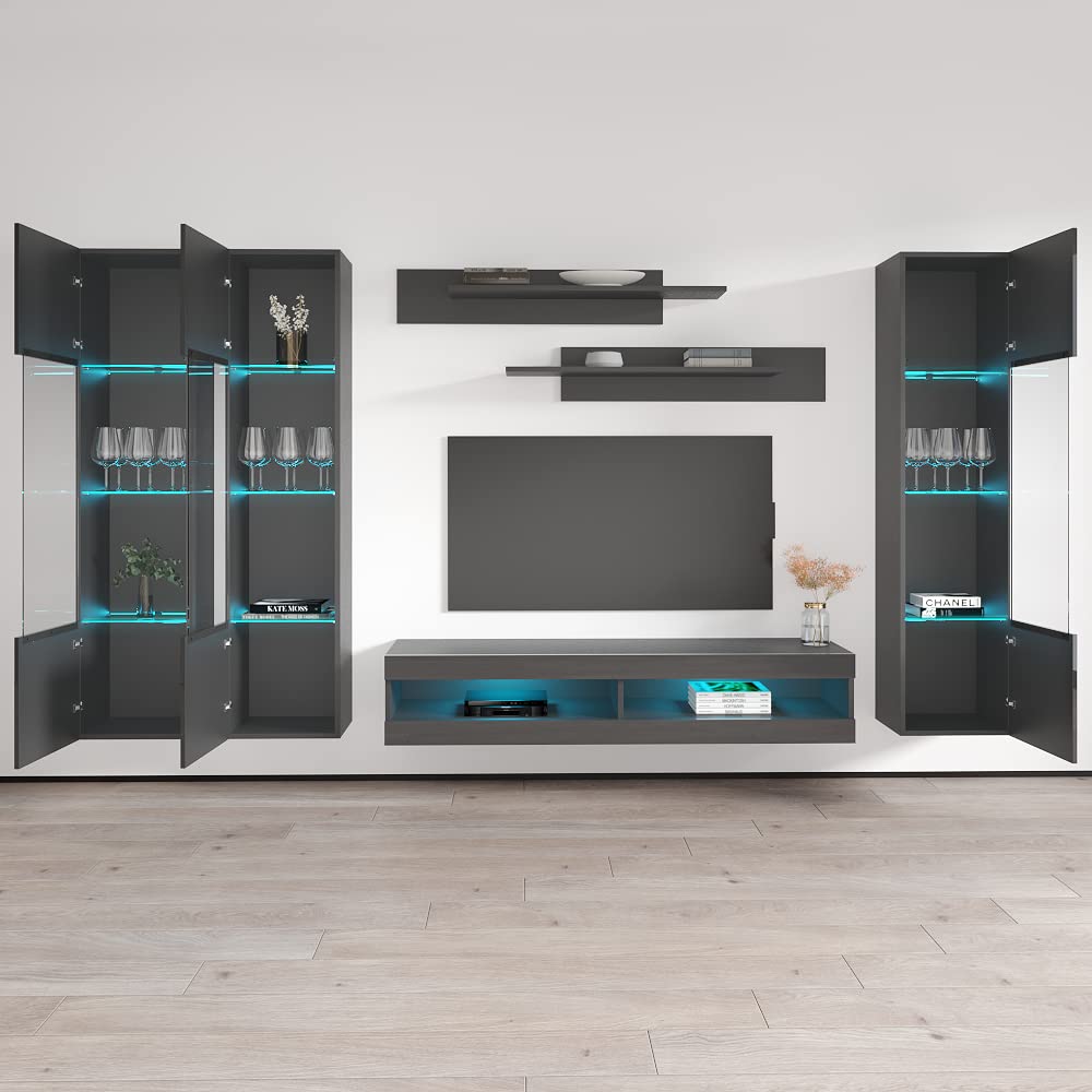 Modern Gray Wall-Mounted TV Stand with Storage Shelves & LED Lights - Meble Fly C 34 Entertainment Center Console for Living Room & Bedroom - Perfect for Organizing Media Devices & Enhancing Home Decor (CD3 Model)