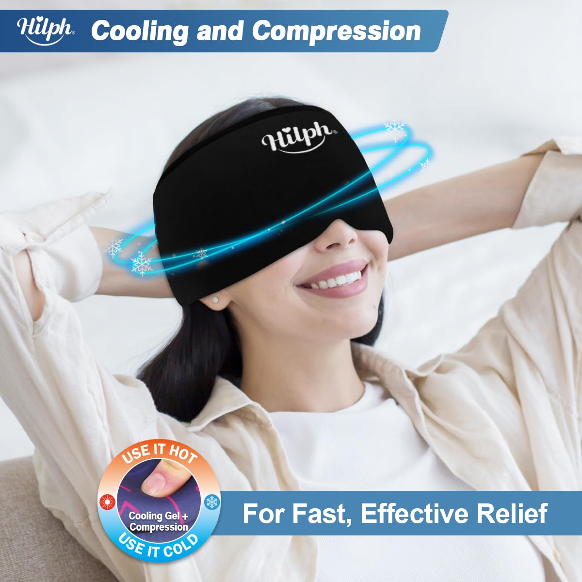 Hilph Adjustable Migraine Gel Ice Pack Head Wrap - Hot & Cold Therapy for Headache, Tension, Stress, Sinus & Hangover Relief - Reusable Black Ice Mask for Sleeping, Working & Relaxing