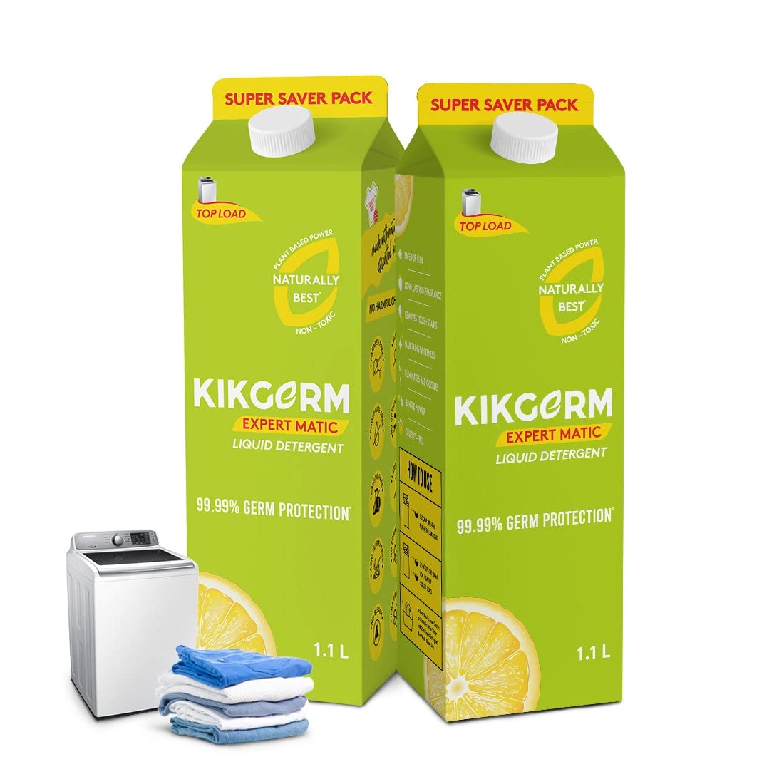 KIKGERM Natural Plant-Based Liquid Laundry Detergent - Top Load Washer Safe, Tough Stain Remover for Whites & Colors, Eco-Friendly, No Harmful Chemicals (1100ml, Pack of 2) - Perfect for Families, Sensitive Skin & Sustainable Living