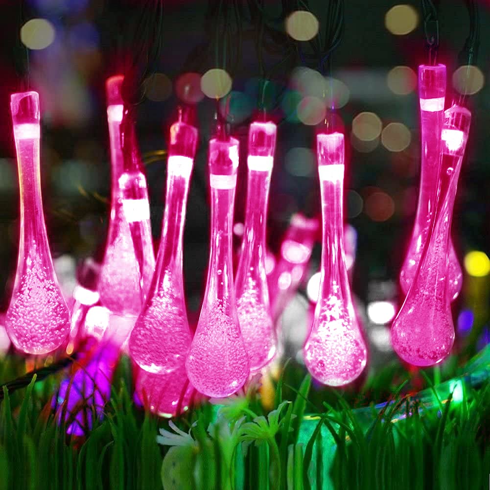 WONFAST 20ft 30LED Solar Outdoor String Lights - Waterproof Crystal Water Drop Fairy Lights for Garden, Patio, Wedding & Christmas Decor (Pink) | Solar Powered Party Lights for Outdoor Decoration & Festive Events