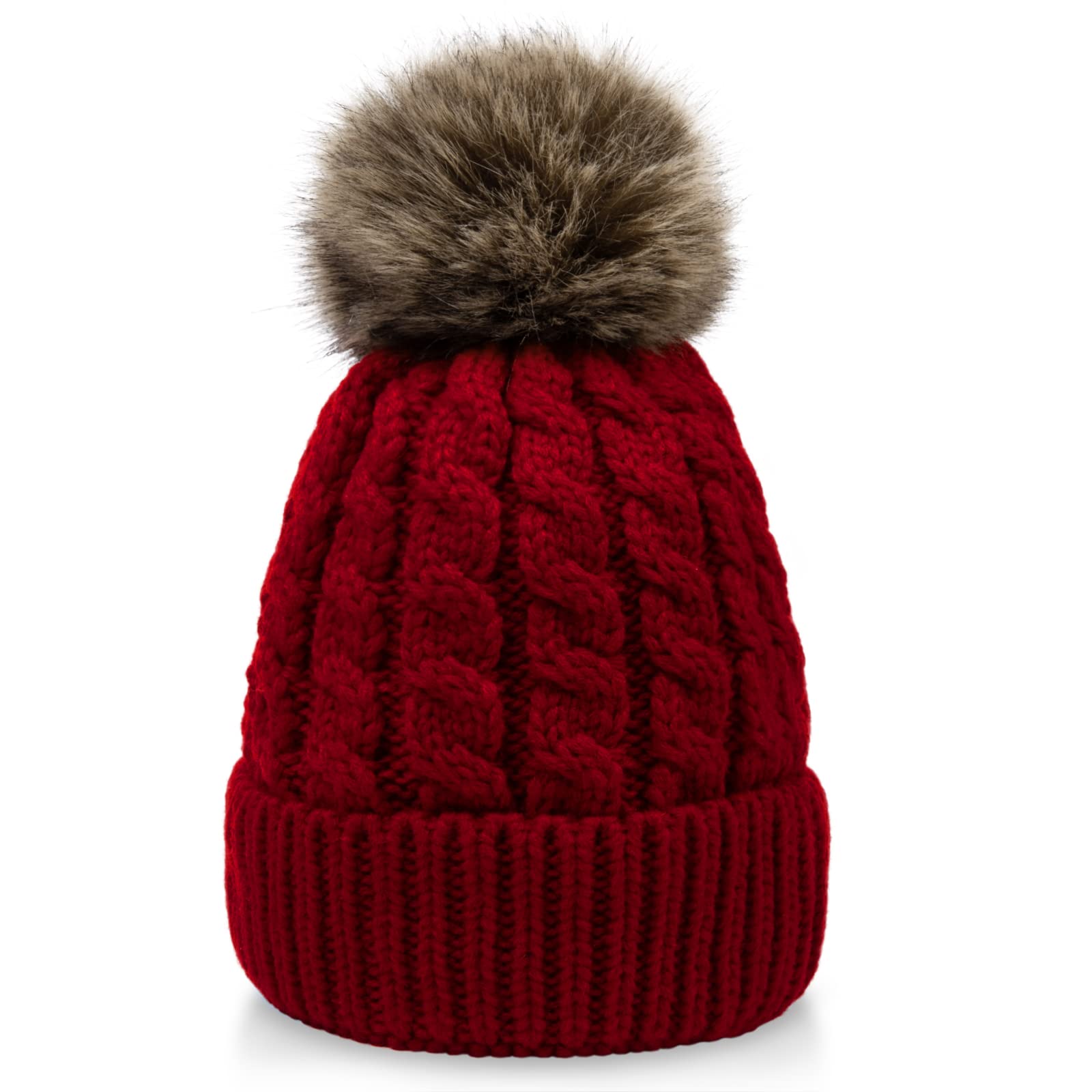 Women's Winter Beanie Hats - Hand Knit Faux Fur Pom Pom Hats for Cold Weather | Cozy Knit Caps for Snow Days, Skiing & Outdoor Activities