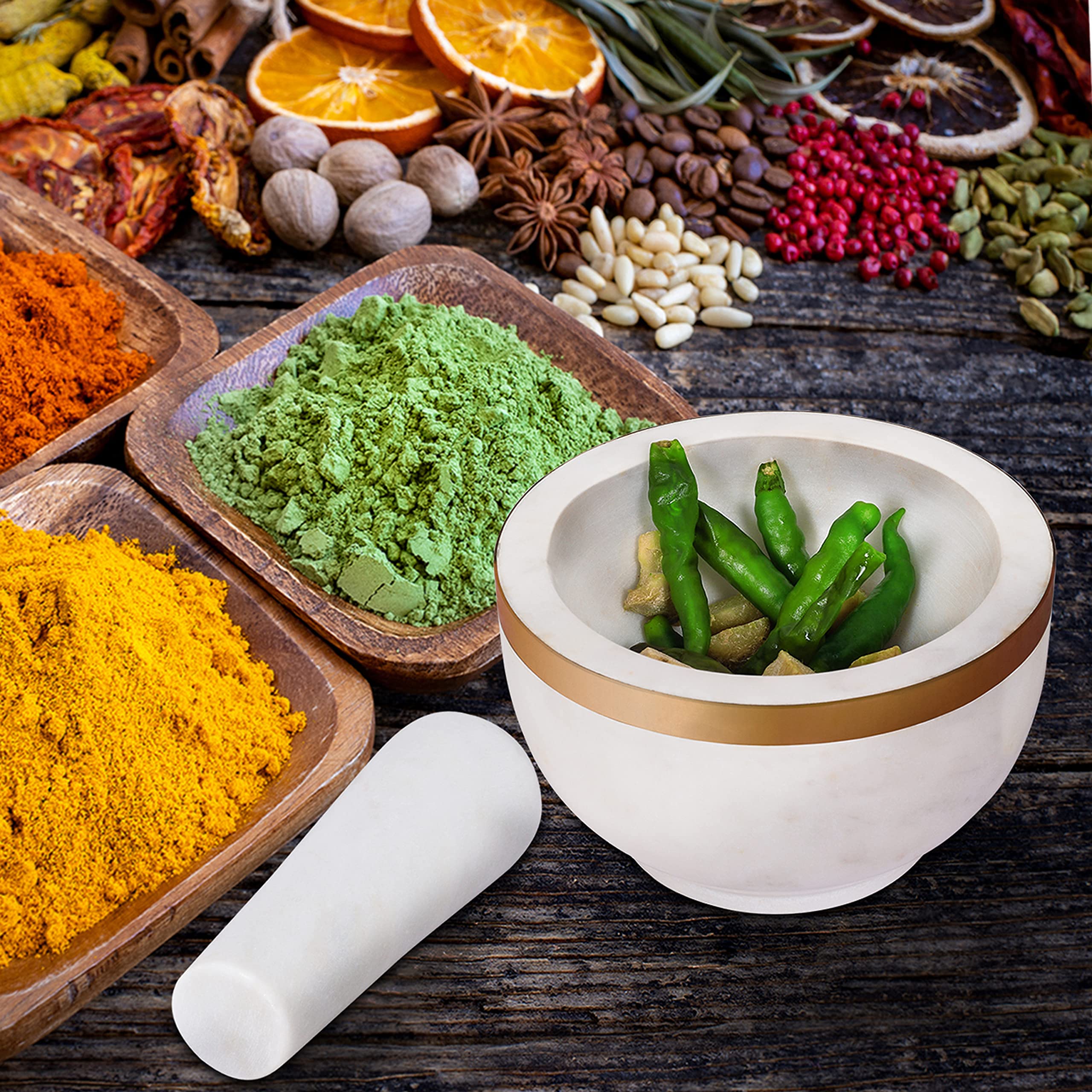 Premium Marble Mortar and Pestle Set with Brass Top - Heavy Duty Natural Stone Grinder for Spices, Herbs, Seasonings, Pastes & More - Perfect for Kitchen, Cooking, Ayurveda & Herbal Medicine Preparation