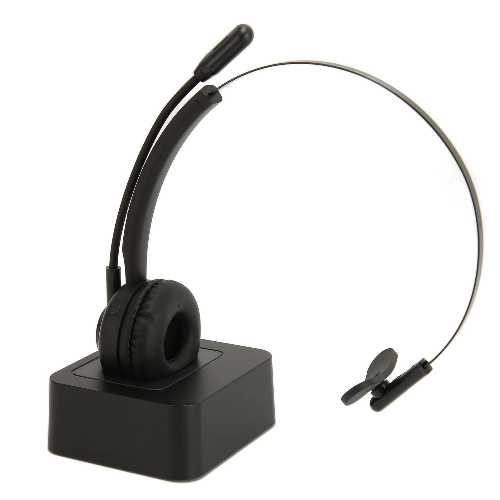 Single Ear 5.0 Bluetooth Headset with Microphone & Charging Base - Noise Canceling On-Ear Headphones for Cell Phone, PC, Call Center & Office - Perfect for Remote Work, Customer Service & Long Business Calls