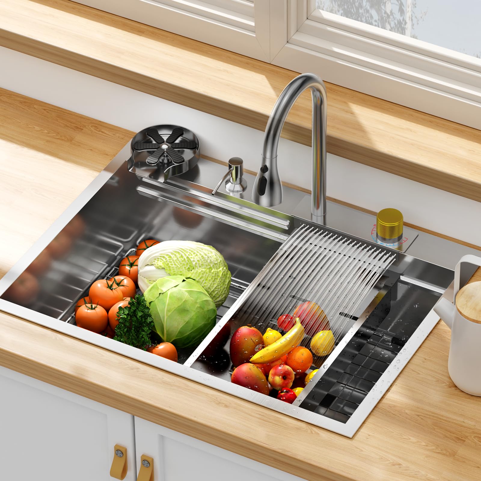 GARVEE 30 Inch Brushed Nickel Waterfall Kitchen Sink Set - 304 Stainless Steel Single Bowl Sink with Ultra Large Capacity | Heavy Duty & Multifunctional for Family & Bar Use | Perfect for Modern Kitchens & Commercial Spaces