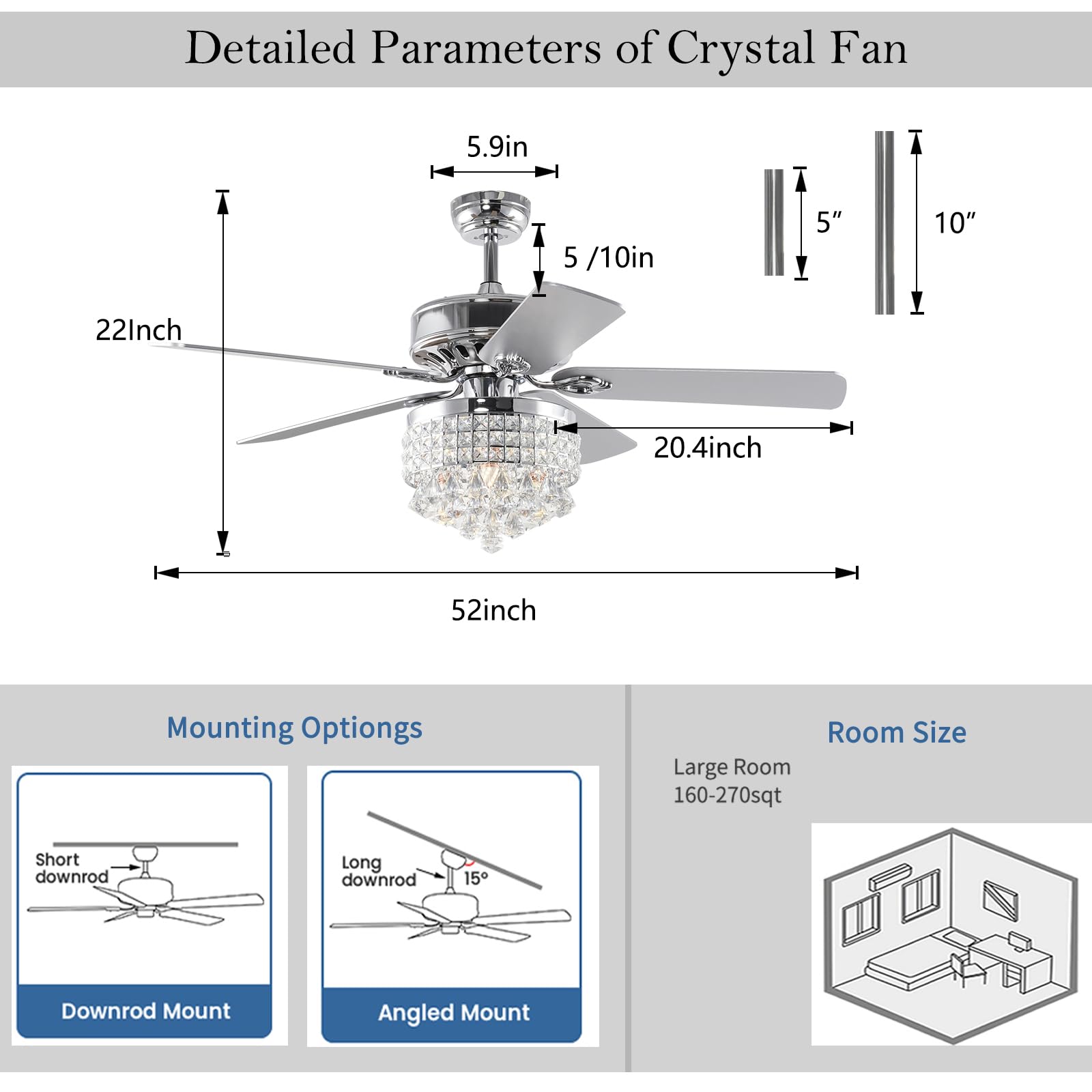 52 Inch Modern Crystal Ceiling Fan with Lights - 5 Wood Blades, Silent Motor & Remote Control - Elegant Chandelier Style Fandelier for Bedroom, Living Room, Dining Room - Perfect for Home Decor and Air Circulation