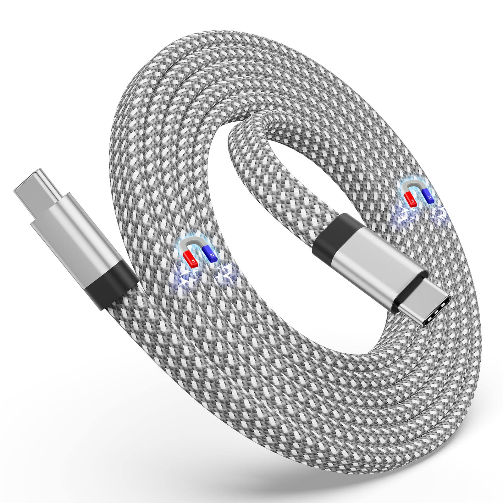 Magtame Magnetic USB C to USB C Cable 60W Fast Charging (3A) - 5ft Coiled Nylon Braided Type C Cord for Samsung Galaxy, iPad & USB C Devices - Perfect for Home, Office & Travel Charging (Silver)