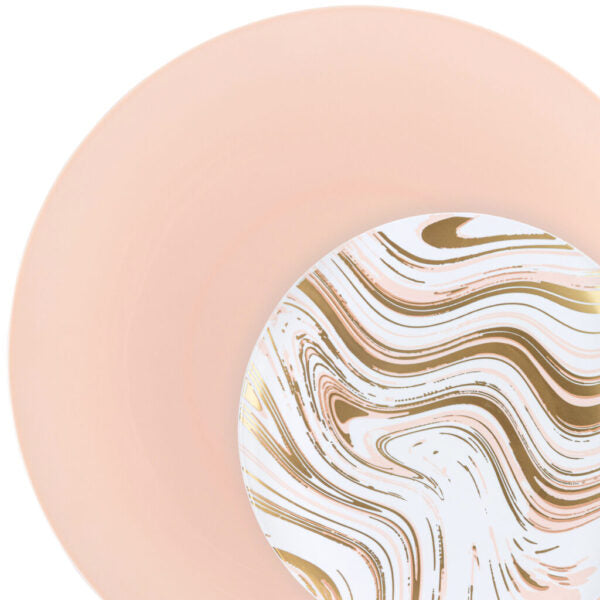 32-Piece Pink and Gold Round Plastic Dinnerware Set for 16 Guests - Elegant Disposable Plates, Bowls, Cups & Cutlery - Perfect for Weddings, Parties, and Outdoor Events