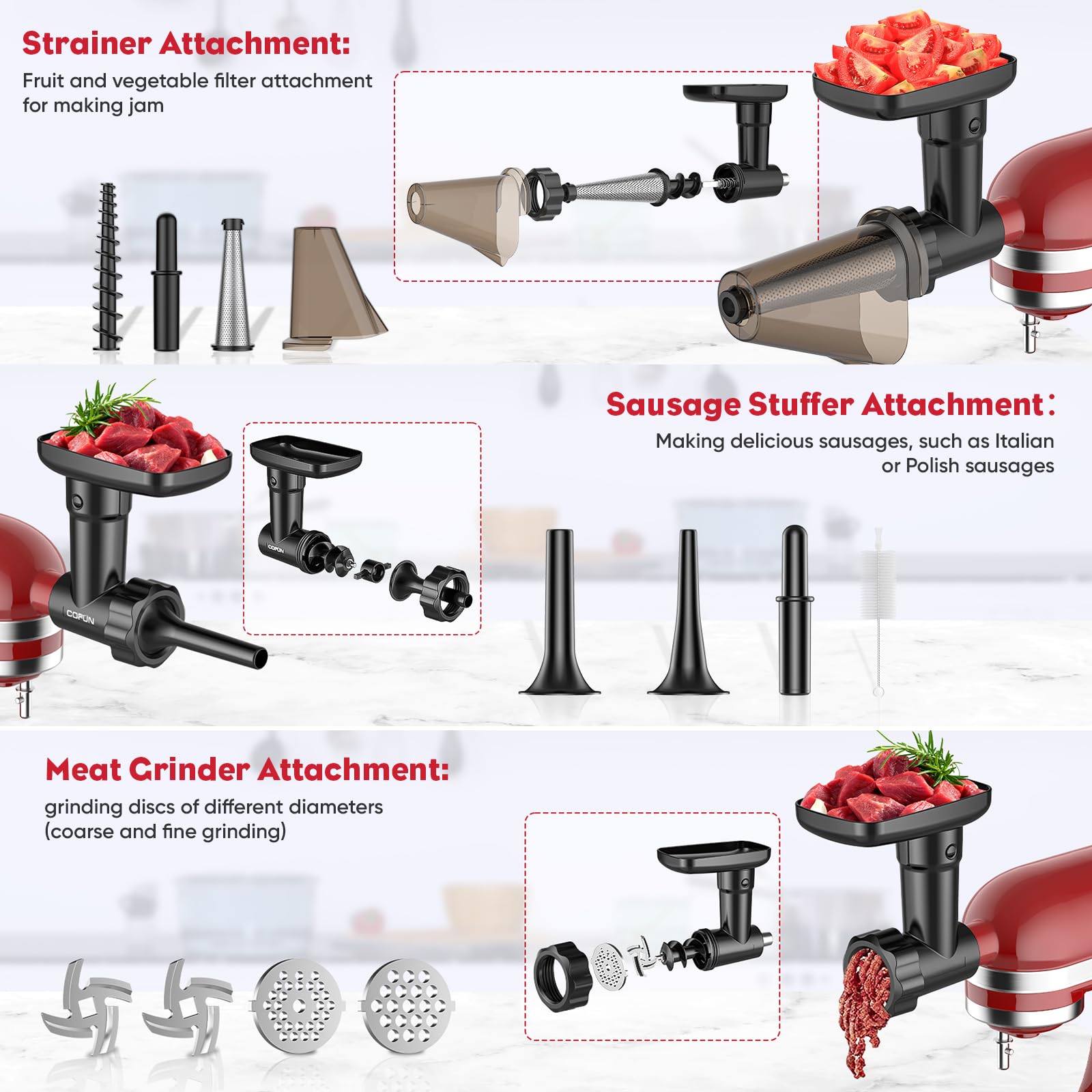 HOZODO KitchenAid Stand Mixer Fruit & Vegetable Strainer Attachment with Food Grinder, Sausage Stuffer Tubes & Juicer Auger - Perfect for Homemade Jams, Baby Food & Fresh Juices