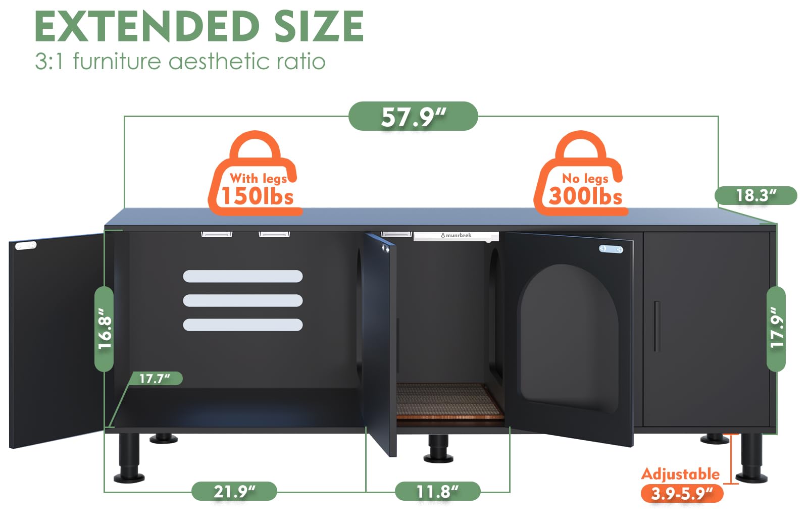 Wooden Cat Litter Box Enclosure Furniture for 2 Cats - Double Room Design with Cat Door, Black Finish with Legs - Perfect for Home, Apartment & Multi-Cat Households