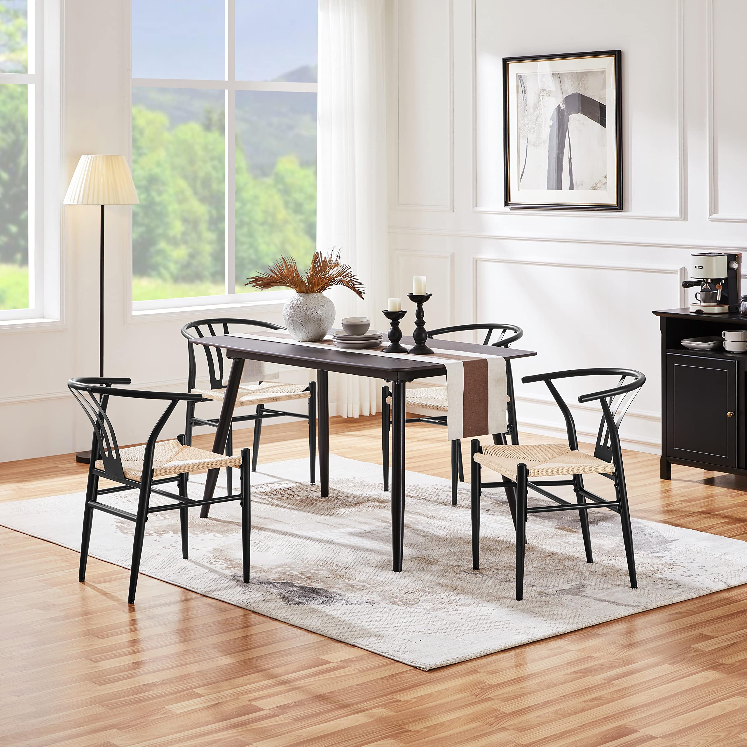 Yaheetech 4-Piece Mid-Century Modern Woven Rattan Dining Chairs Set - Black Metal Frame Kitchen & Living Room Seating - Perfect for Indoor Dining, Breakfast Nook & Patio Use