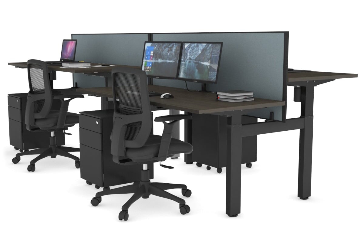 Just Right Height Adjustable 4-Person H Bench Workstation - Black Frame [1400L x 700W] for Office, Coworking Space & Home Office