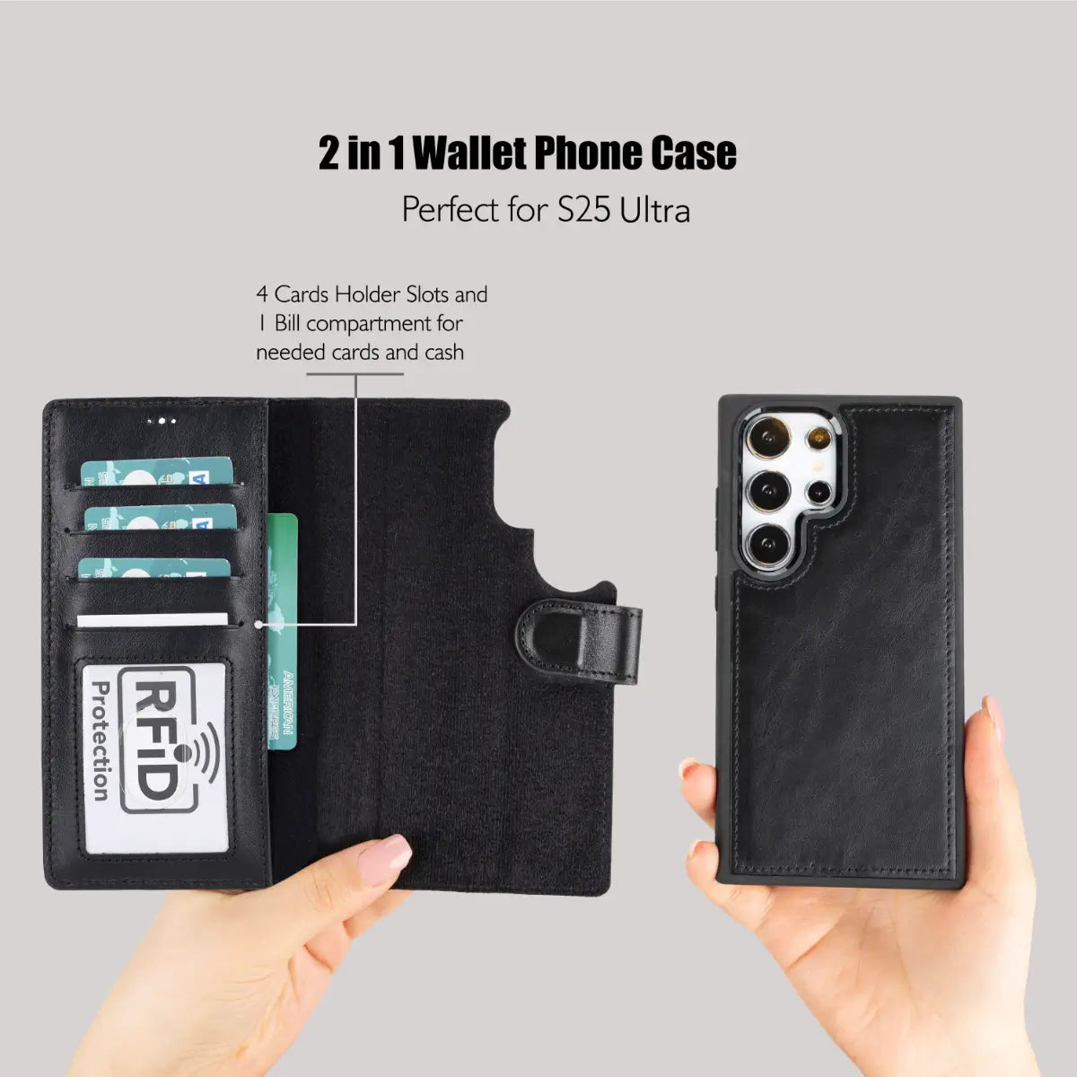 Premium Black Magnetic Leather Wallet Case for Samsung Galaxy S25 Ultra - Slim Protective Cover with Card Slots | Perfect for Business, Travel & Everyday Use