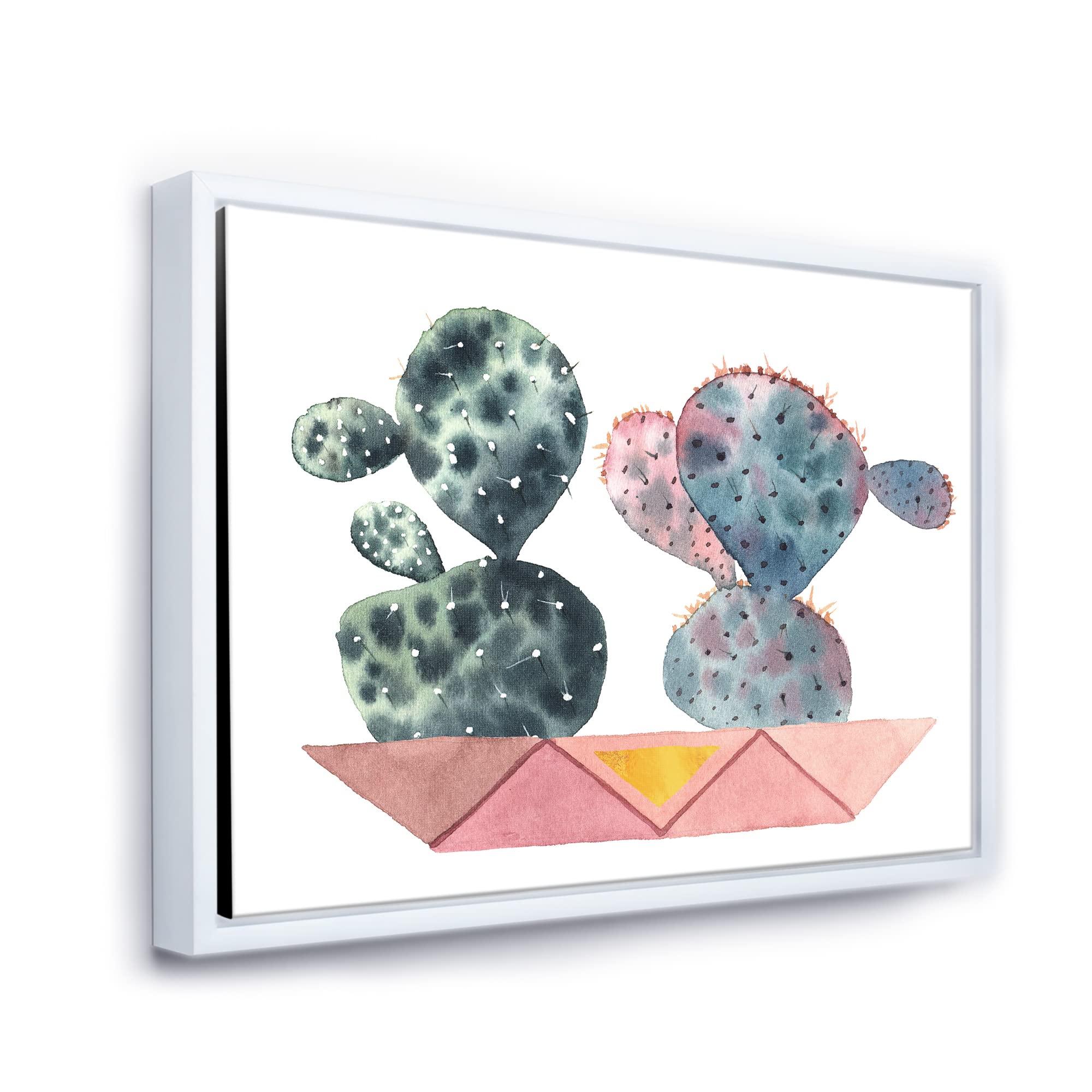 DesignQ Cactus Duo in Pink Geometric Pots - Modern Framed Canvas Wall Art Print for Home & Office Decor | Living Room, Bedroom, Bathroom Wall Decor