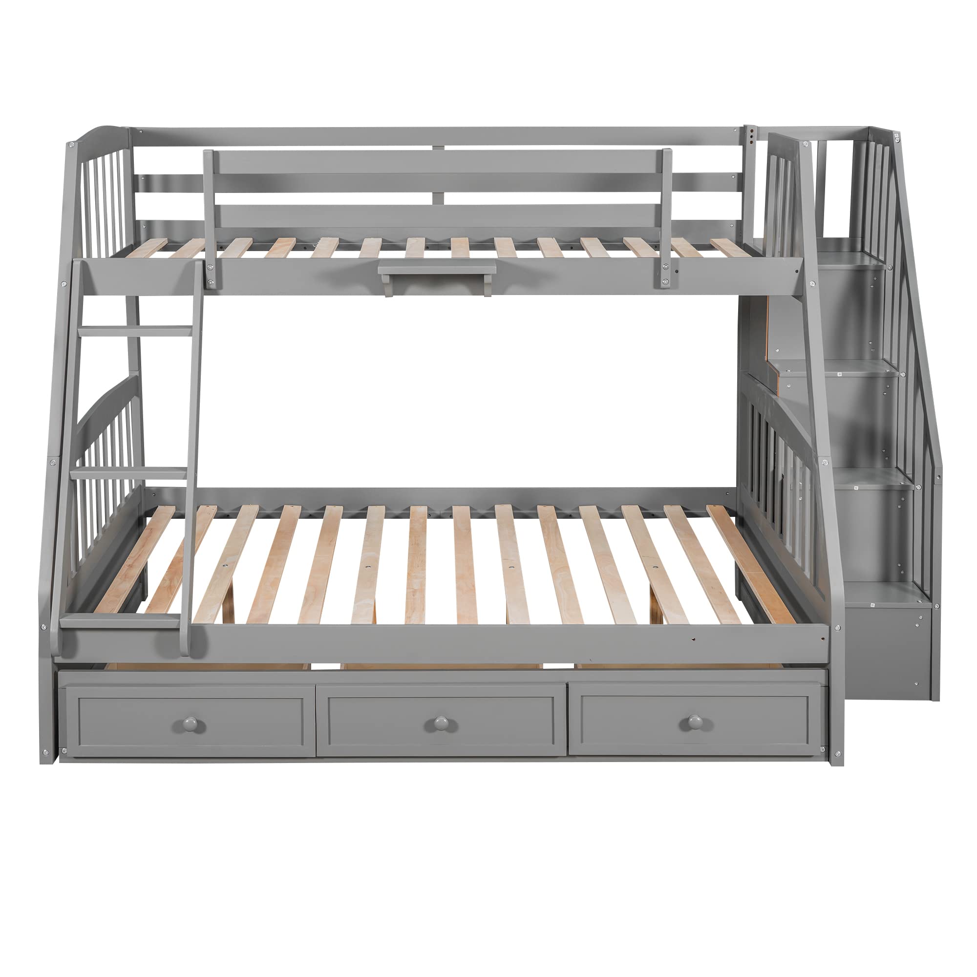 Solid Wood Twin-Over-Full Bunk Bed with Stairs & Storage - Kids Teens Adults Bedroom Furniture (Gray)