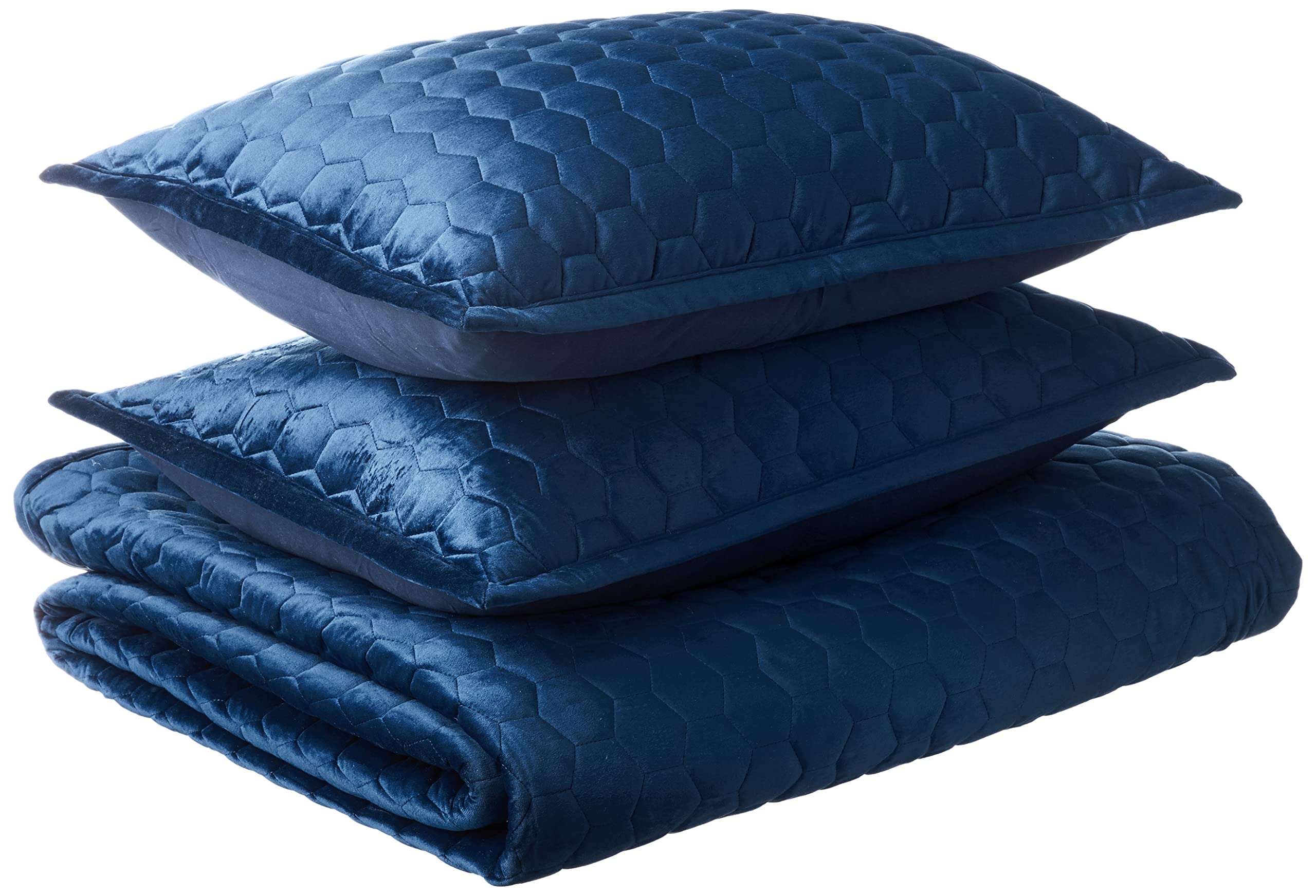 Tribeca Living Velvet Queen Quilt Set - 3 Piece Honeycomb Stitch Bedding with Super Soft 260GSM Velvet, Oversized Quilt & 2 Sham Pillowcases in Navy Blue - Luxury Bedroom Decor for Cozy Nights & Stylish Home Makeover
