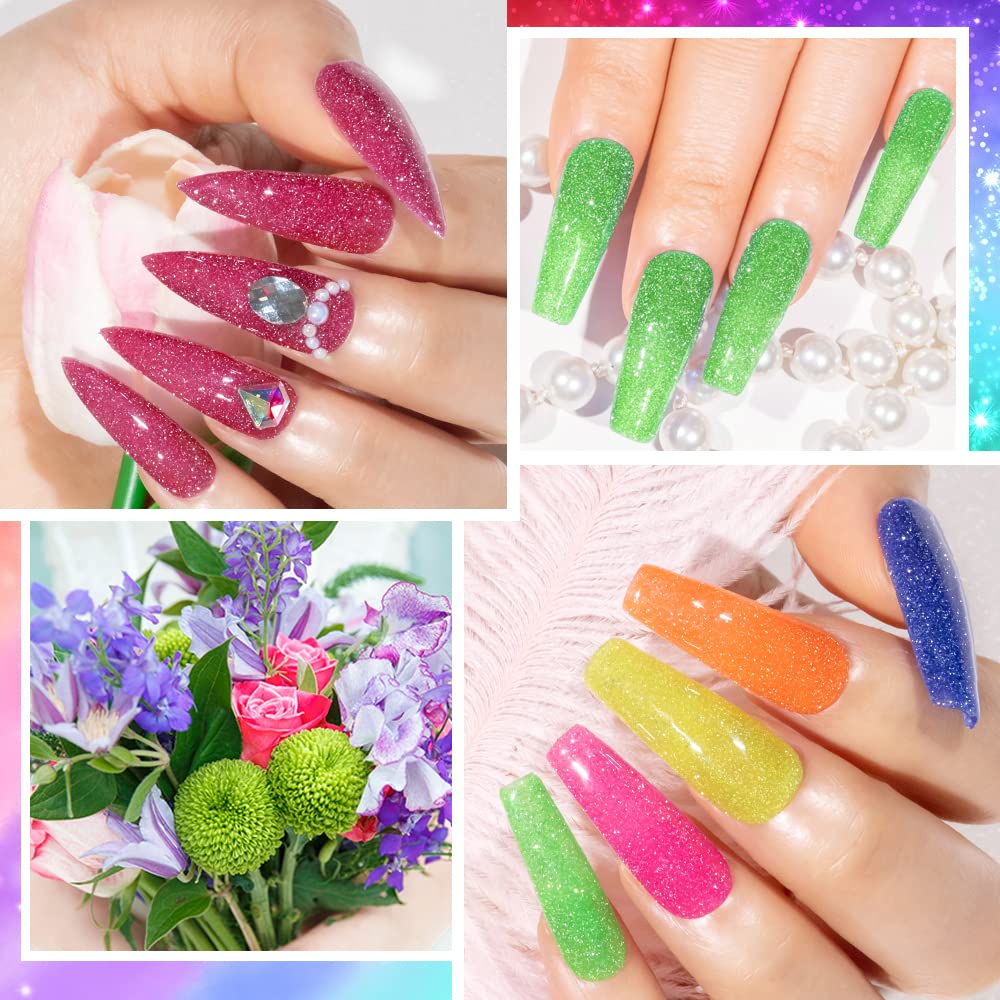 MIZHSE Neon Reflective Glitter Gel Nail Polish Set - 12 Colors (7ml Each) with Sparkly Disco Diamond Effect, Soak Off UV LED Gel for Manicure | Perfect for Nail Art, Salon, Party & Night Out Glam Looks