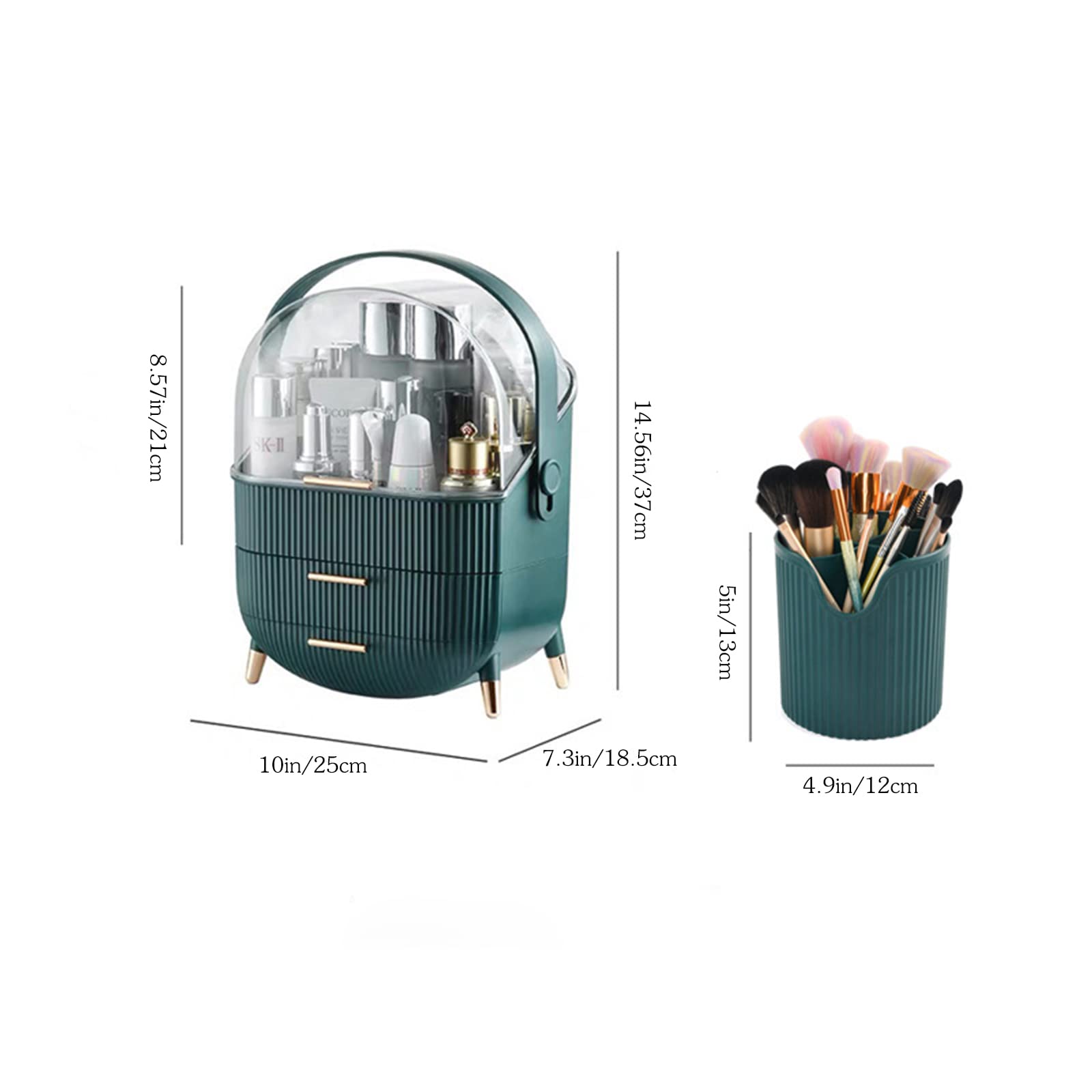 Makeup Organizer & Cosmetic Storage Case with Brush Holder - Lipstick & Skincare Display for Bathroom Countertop, Bedroom Vanity Desk & Travel - Compact & Stylish Green Beauty Organizer for Daily Makeup Routine & Travel Essentials