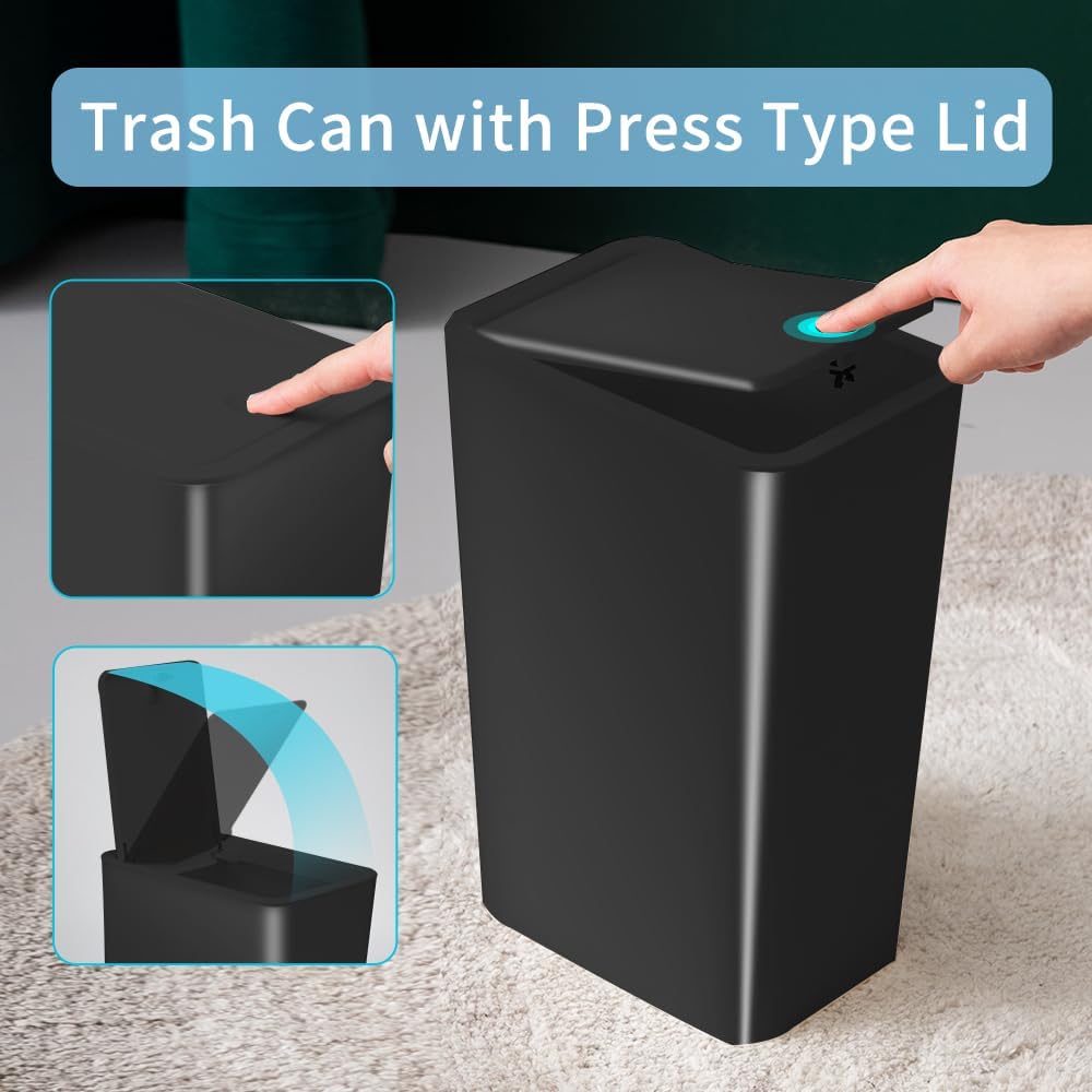 JOSUCLEN 2 Pack 15 Liter / 4 Gallon Small Trash Can with Pop-Up Lid - Dog Proof Bathroom & Kitchen Waste Basket for Office, Bedroom - Includes 4 Garbage Bags - Perfect for Home, Dorm & Pet Areas