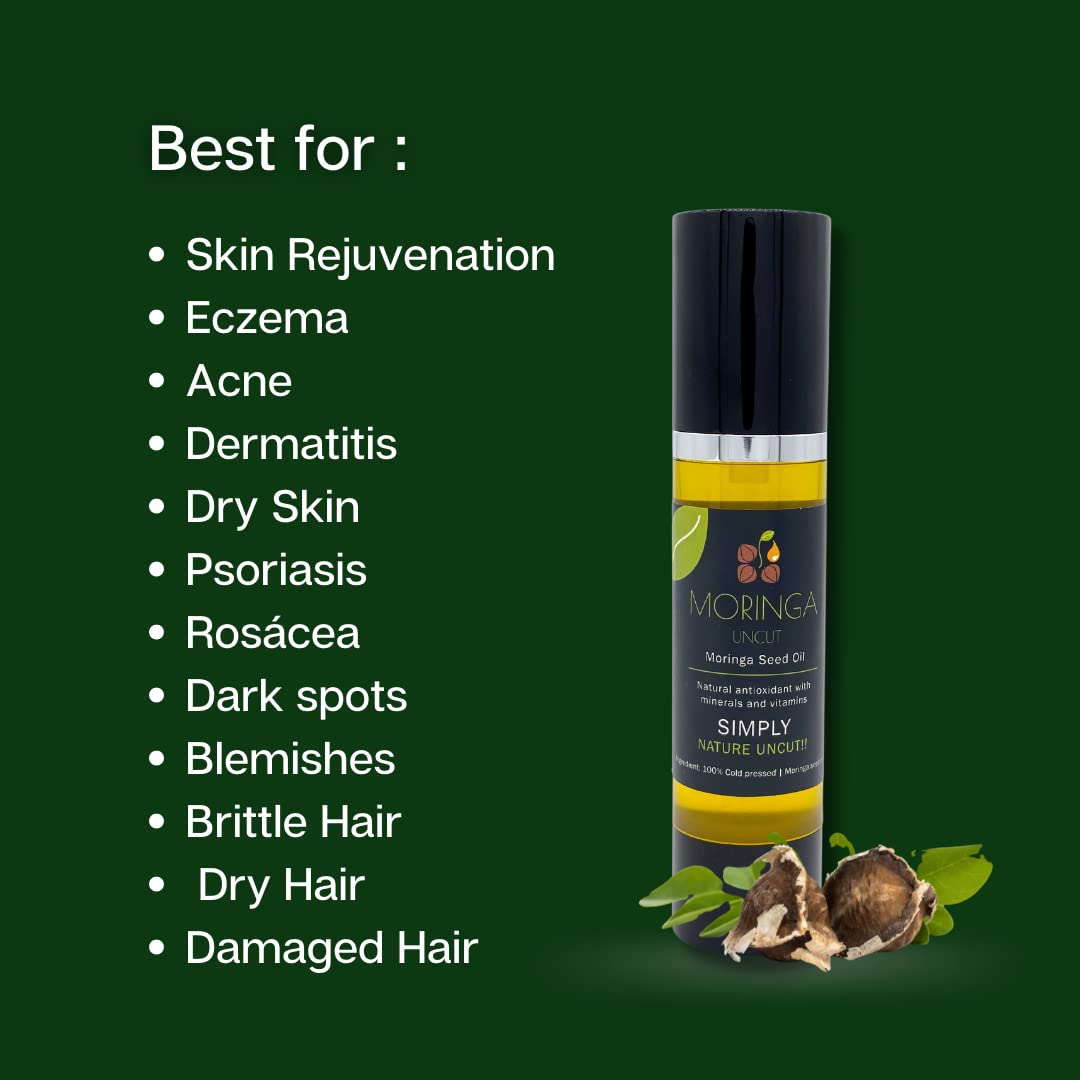 Organic Moringa Oil for Skin & Hair Care - 100% Pure Natural Face Moisturizer to Soothe, Tighten & Hydrate Skin - Helps with Acne & Eczema Treatment - 50ml Bottle for Daily Beauty & Wellness Routine