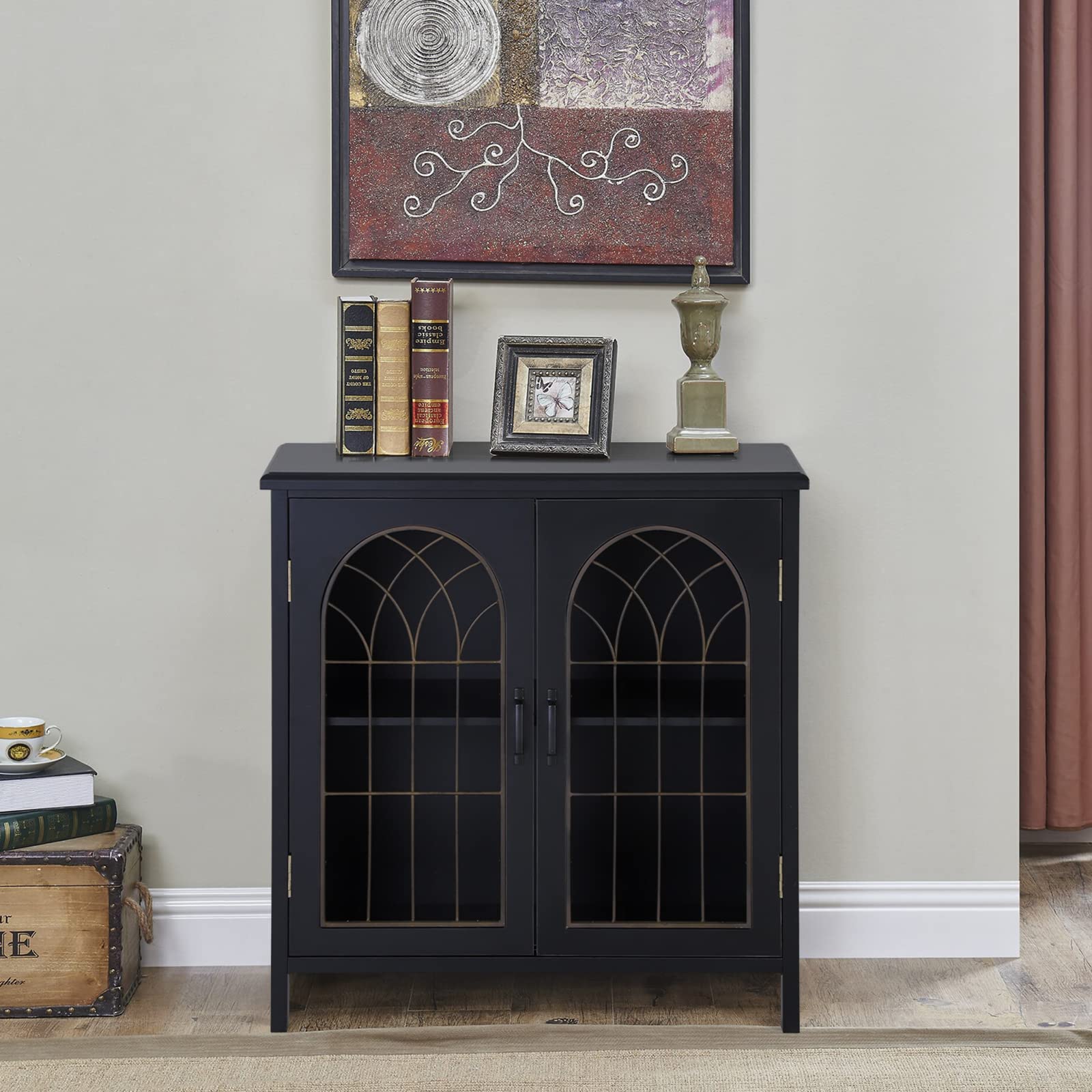 Sophia & William Distressed 2-Door Accent Cabinet with Metal Church Window Design - Entryway Storage Cabinet, Living Room Display Cabinet for Home Decor & Organization