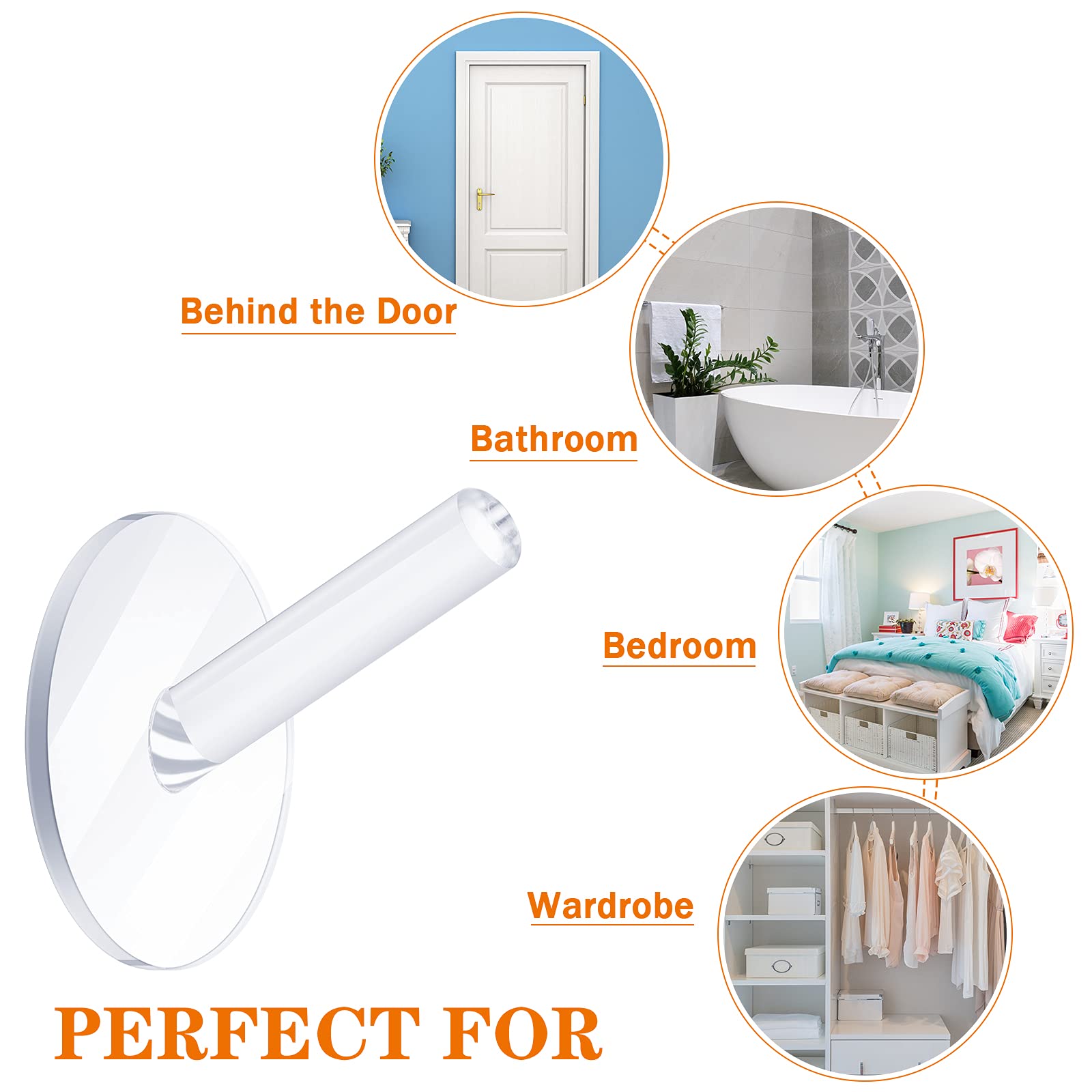 Queekay 6-Pack Clear Acrylic Adhesive Wall Hooks - Heavy Duty 9 lb Capacity Hat & Towel Hangers for Bathroom, Kitchen, Office - Space Saving Robe & Coat Hanger Organizer for Home & Dorm Decor