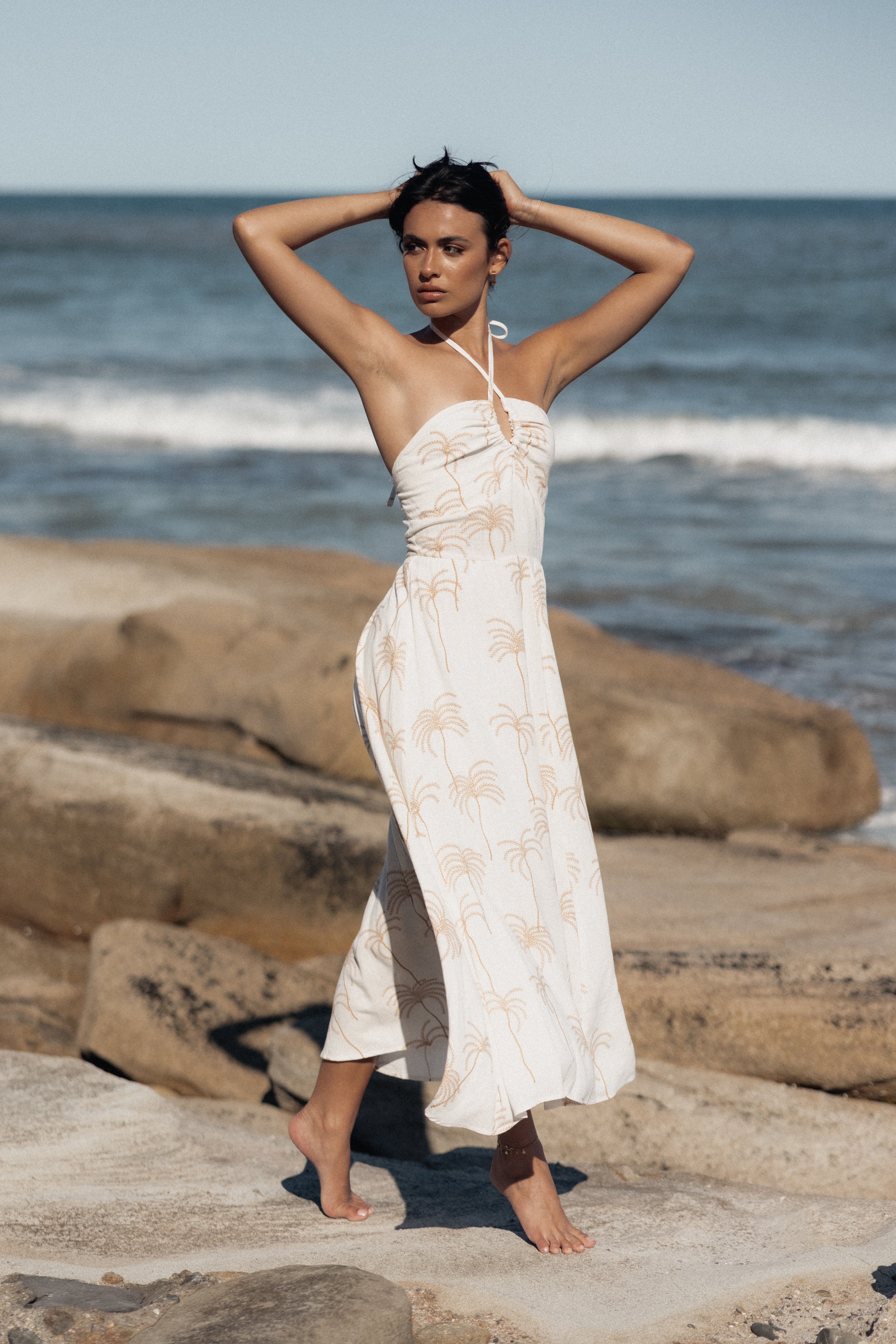 Granger Halterneck Midi Dress - Floral Print White Summer Dress for Women | Beach Vacation, Date Night & Casual Outings