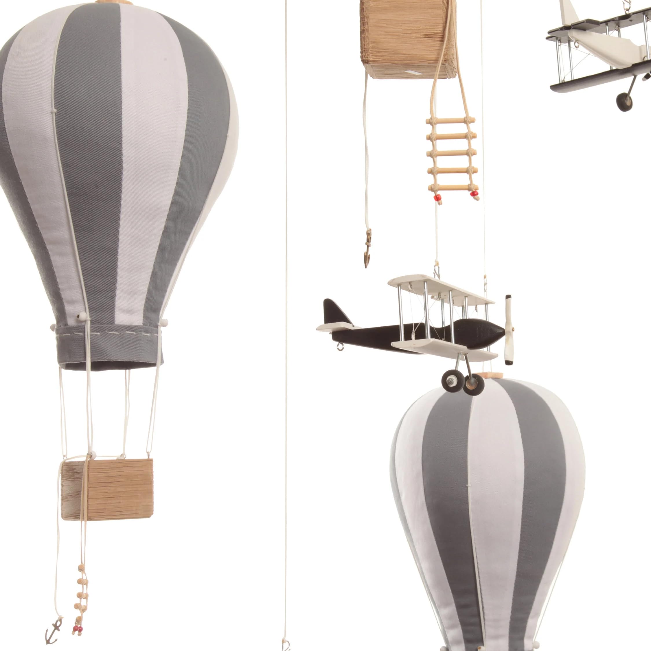 Large Hot Air Balloon & Airplane Ceiling Mobile - Wooden Airplane & Textile Balloons for Travel Theme Nursery Decor | Kids Room Hanging Decor in Gray, White & Black | Perfect Baby Shower Gift & Nursery Decoration