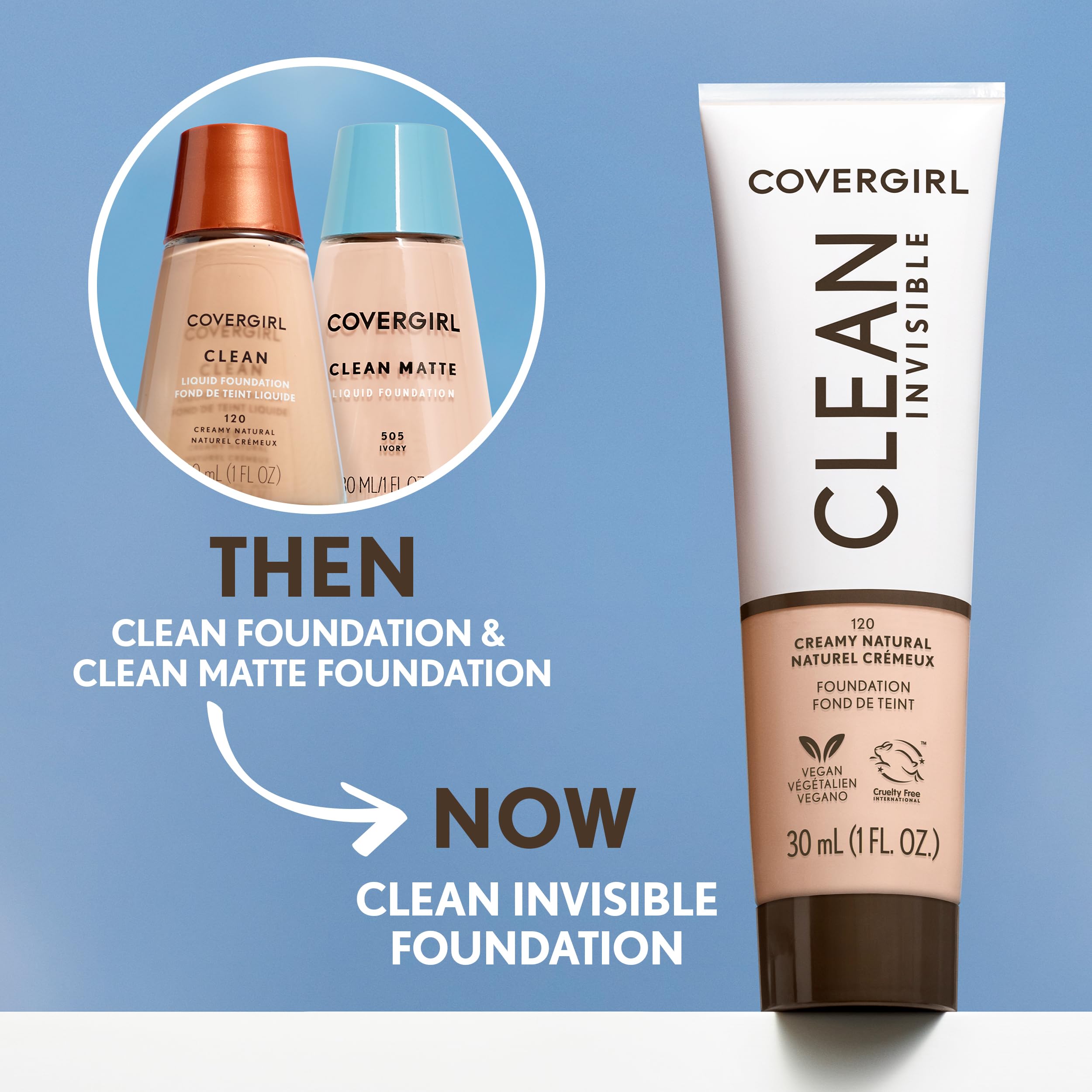 COVERGIRL Clean Invisible Foundation Makeup - Dewy & Glowy Natural Finish, Buildable Coverage, Vegan Formula, Classic Ivory 1oz | Lightweight Daily Wear for Flawless Skin at Work & Special Occasions