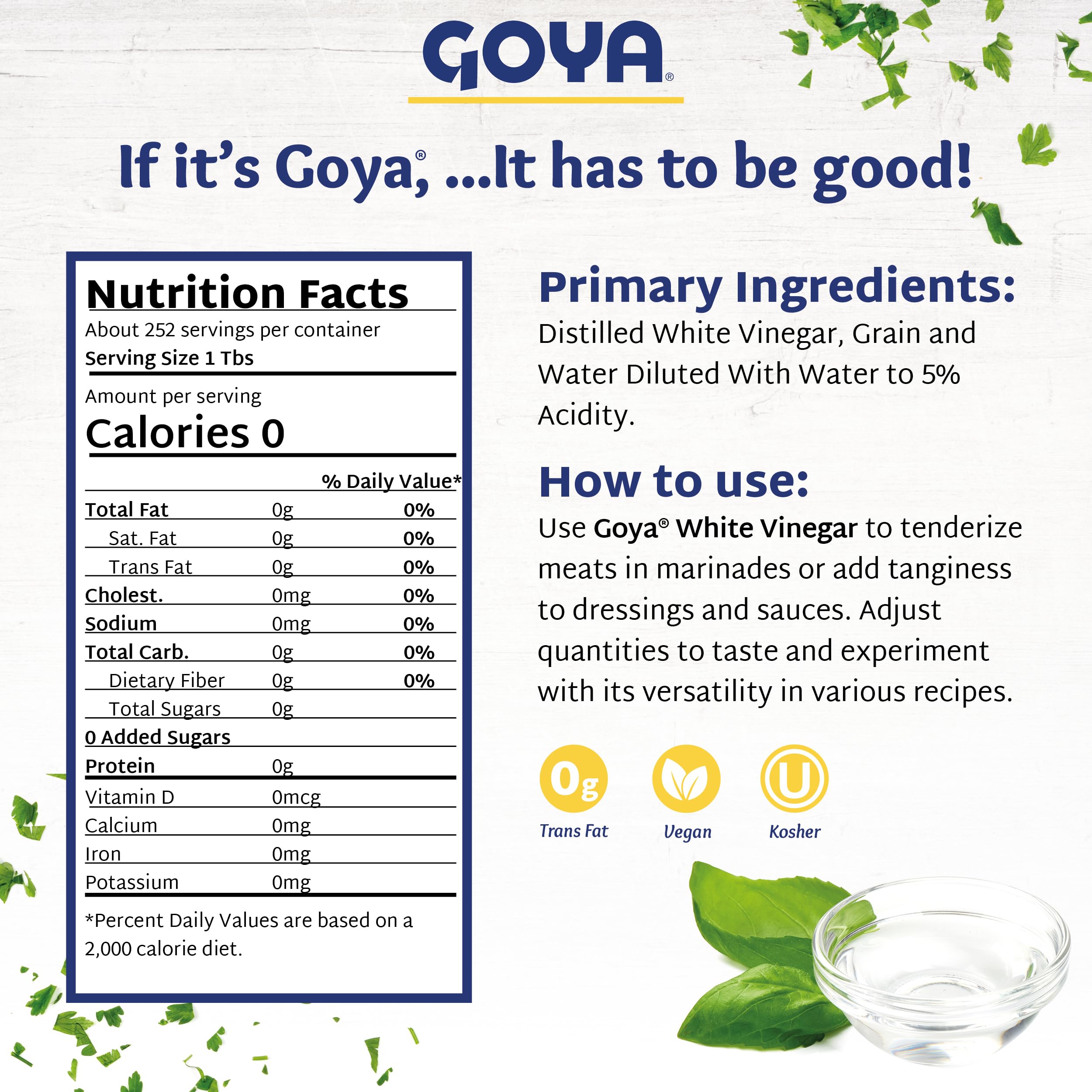 Goya Distilled White Vinegar - 1 Gallon Bulk for Cooking, Pickling & Natural Cleaning | Multi-Purpose Vinegar for Kitchen, Home & DIY Cleaning Solutions