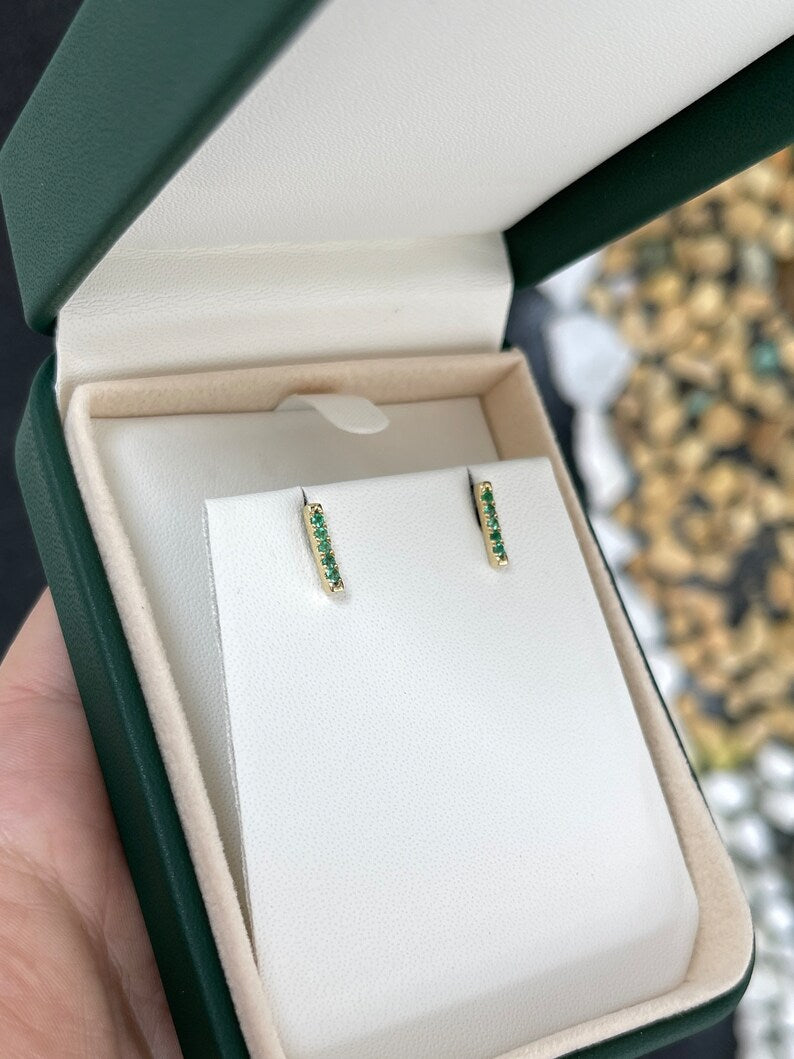 0.20 Carats Vivid Green Natural Emerald French Set Stacking Earlobe Bar Earrings in 14K Gold - Perfect for Everyday Wear, Gift Giving & Special Occasions