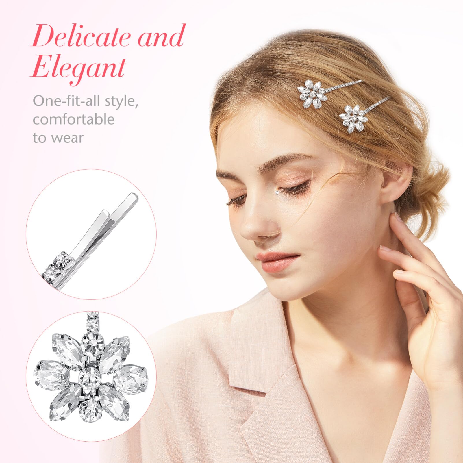 Elegant Crystal Flower Hair Pins - Rhinestone Floral Bobby Pins for Women | Bridal Hair Accessories | Wedding, Prom & Party Hair Clips (Silver)