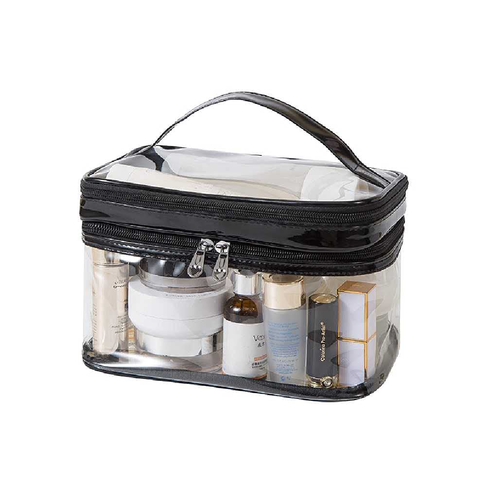 NC Double Clear Cosmetic Bag - Multi-Compartment Waterproof Makeup Organizer with Zipper & Handle | PVC Travel Toiletry Pouch for Vacation, Business Trips & Bathroom Storage | Perfect for Carry-On Luggage, Gym Essentials & Daily Beauty Organization