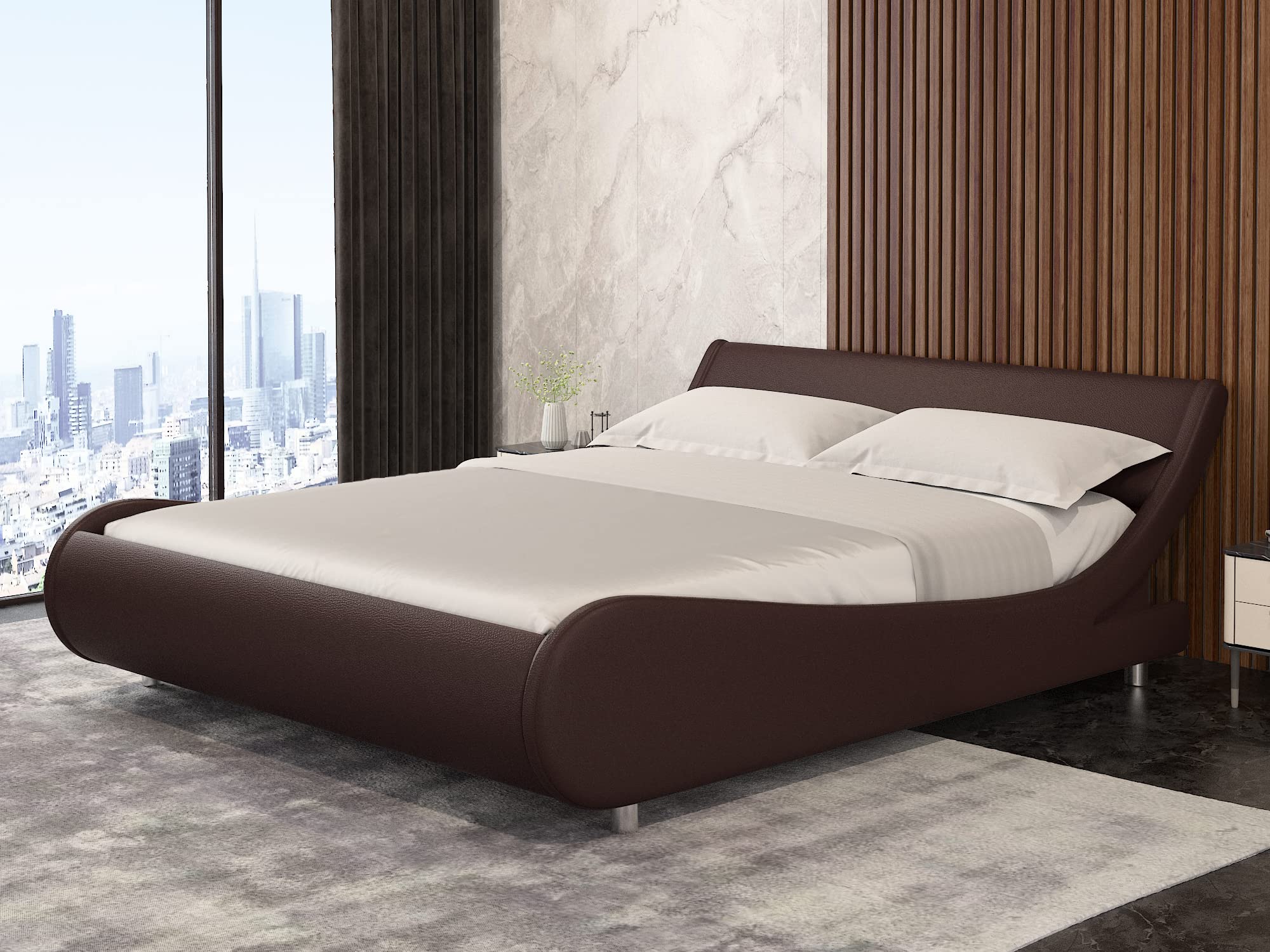 Modern Full Upholstered Platform Bed Frame with Adjustable Headboard - Low Profile Faux Leather Bed, No Box Spring Needed, Easy Assembly, Brown - Perfect for Small Bedrooms, Guest Rooms & Modern Apartments
