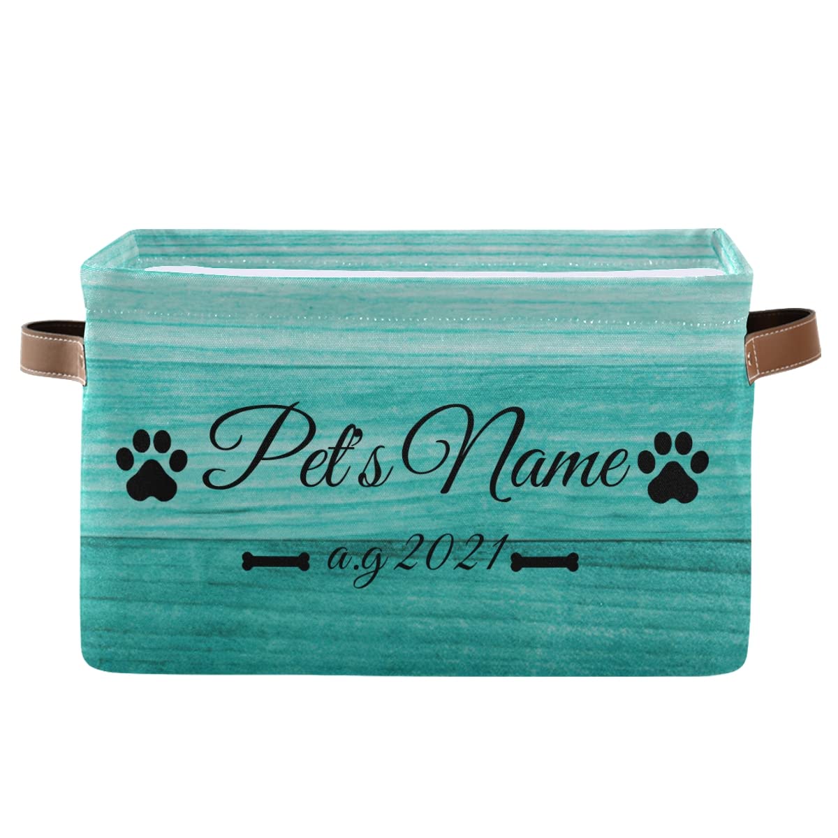 Personalized Blue Wood Grain Dog Basket - Custom Pet Storage Bin for Bandanas, Toys & Leashes | Durable Organizer for Home, Bedroom or Living Room Decor | Set of 1