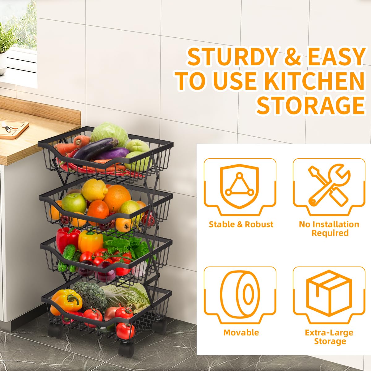 4-Tier Stackable Metal Wire Fruit & Vegetable Storage Basket with Wheels - Kitchen, Living Room, Dining Room, Office Organizer Cart (Black) | Perfect for Fresh Produce Display & Space-Saving Storage