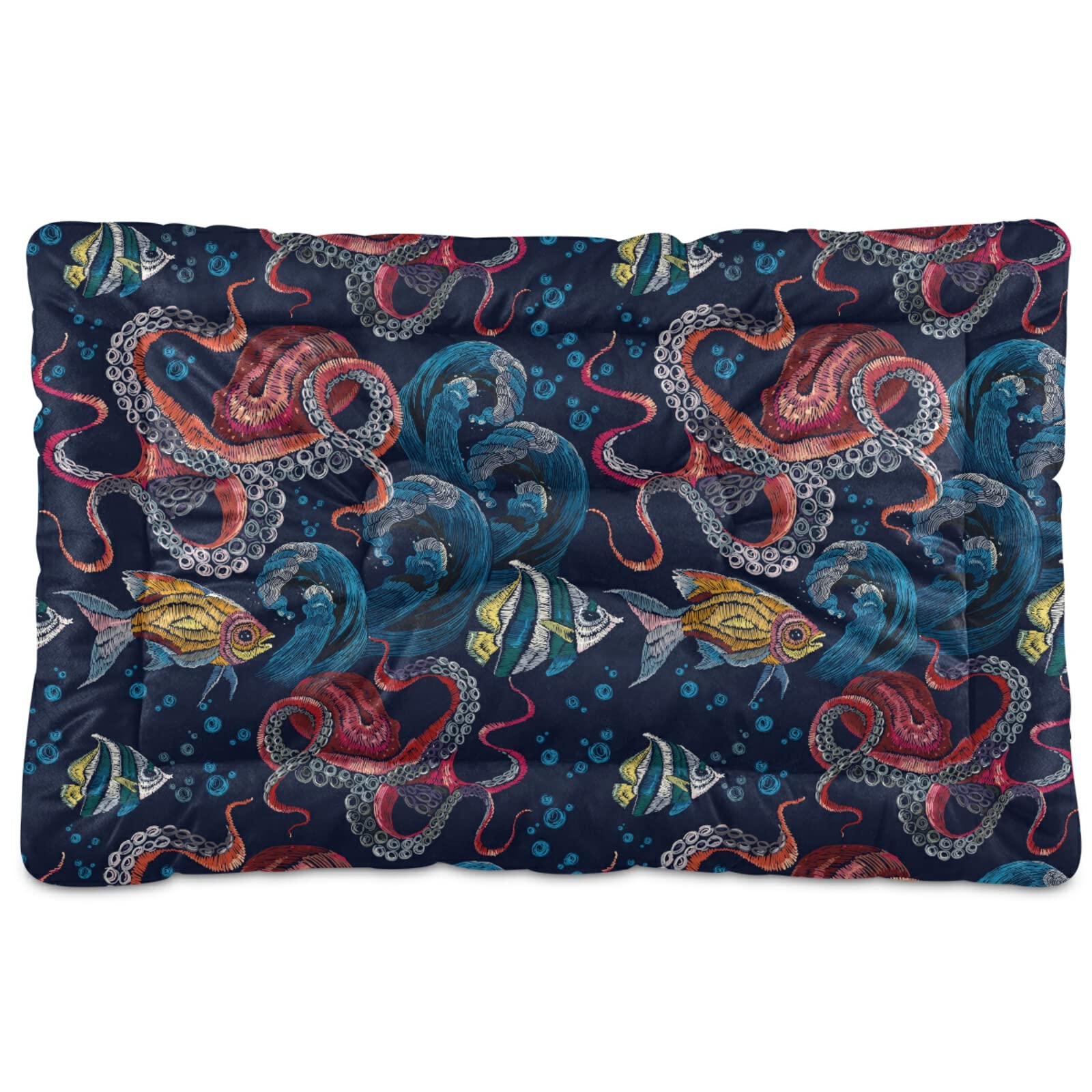 Xigua Embroidery Octopus Rectangle Dog Bed & Cat Bed - Soft, Comfortable, Machine Washable Pet Bed for Small, Medium & Large Dogs (18