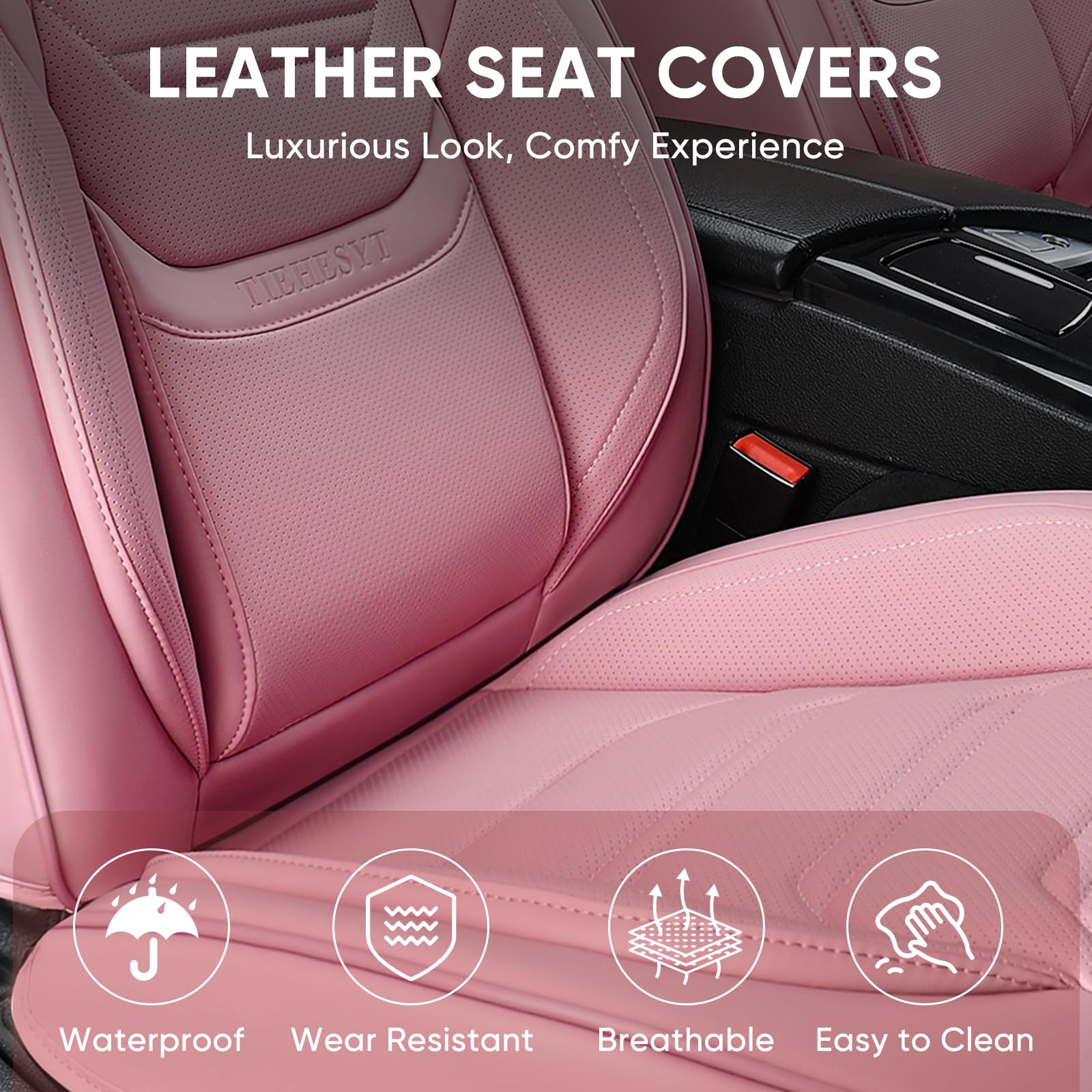 Pink Car Seat Covers Front Pair - Breathable Leather Auto Seat Protectors with Headrest | Universal Fit for Sedans, SUVs & Pickup Trucks | Perfect for Daily Commute, Road Trips & Family Travel