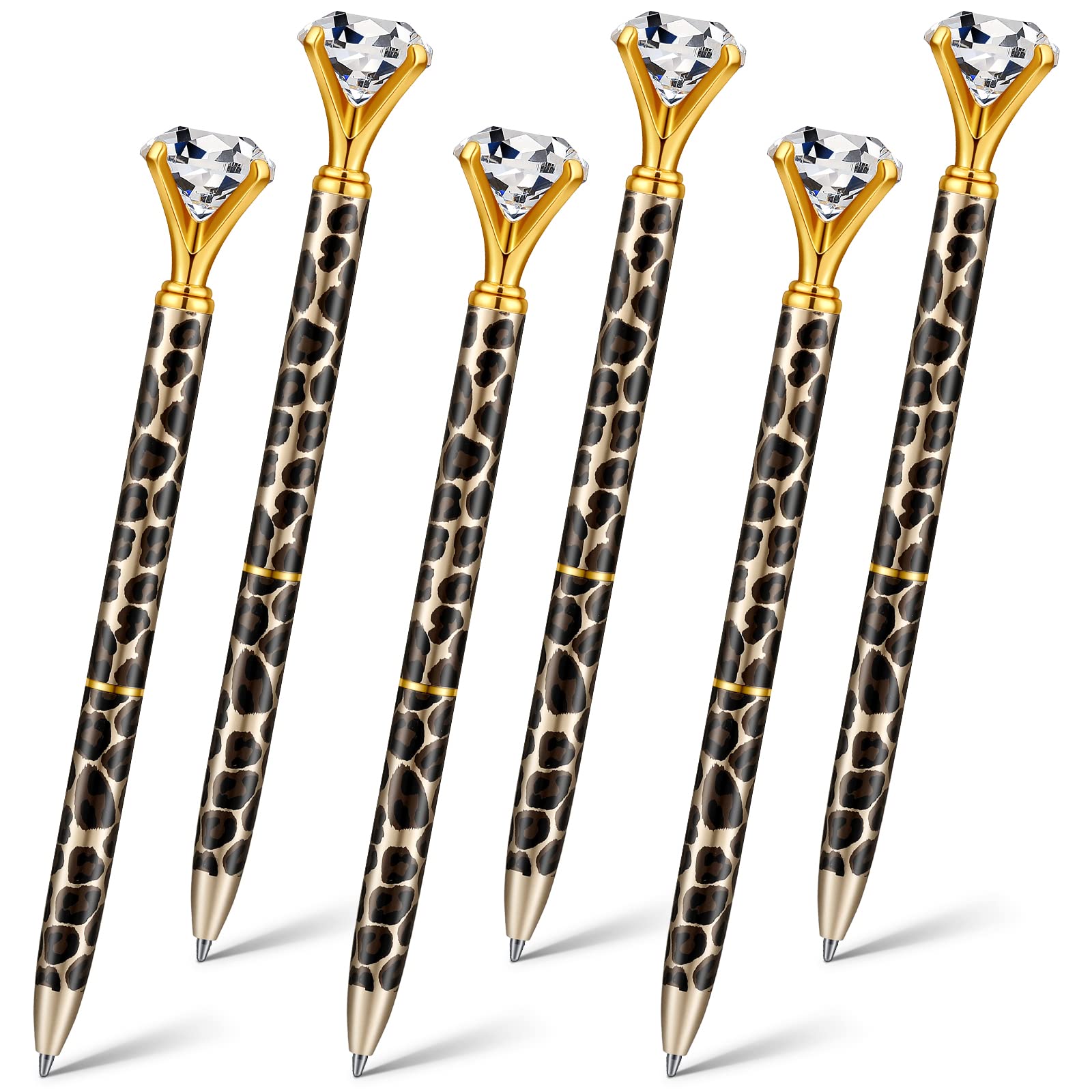 6-Pack Crystal Leopard Ballpoint Pens - Bling Diamond Wedding & Bridal Pens, Refillable Cheetah Print Metal Pens with Diamond Top for Office, School, Party Gifts - Perfect for Bridesmaid Gifts, Graduation Favors & Special Occasions