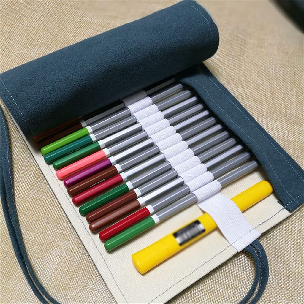 XXWJH Linen Scroll Pencil Case Roller - 36/48/72 Holes Pen Organizer for School & Office (Navy, 48 Holes) - Perfect for Students, Artists & Professionals